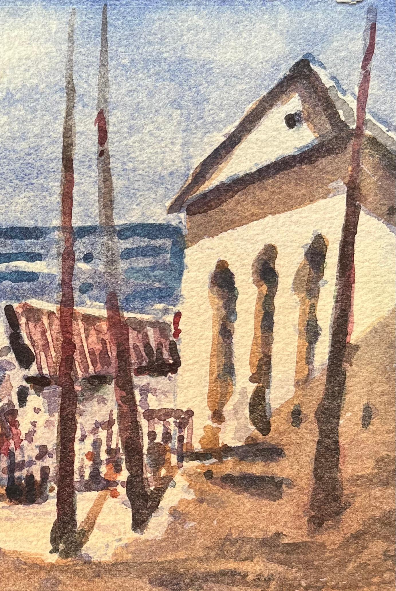 Acquerello impressionista francese con edifici e figure della costa - Art Impressionismo di Maurice Mazeilie