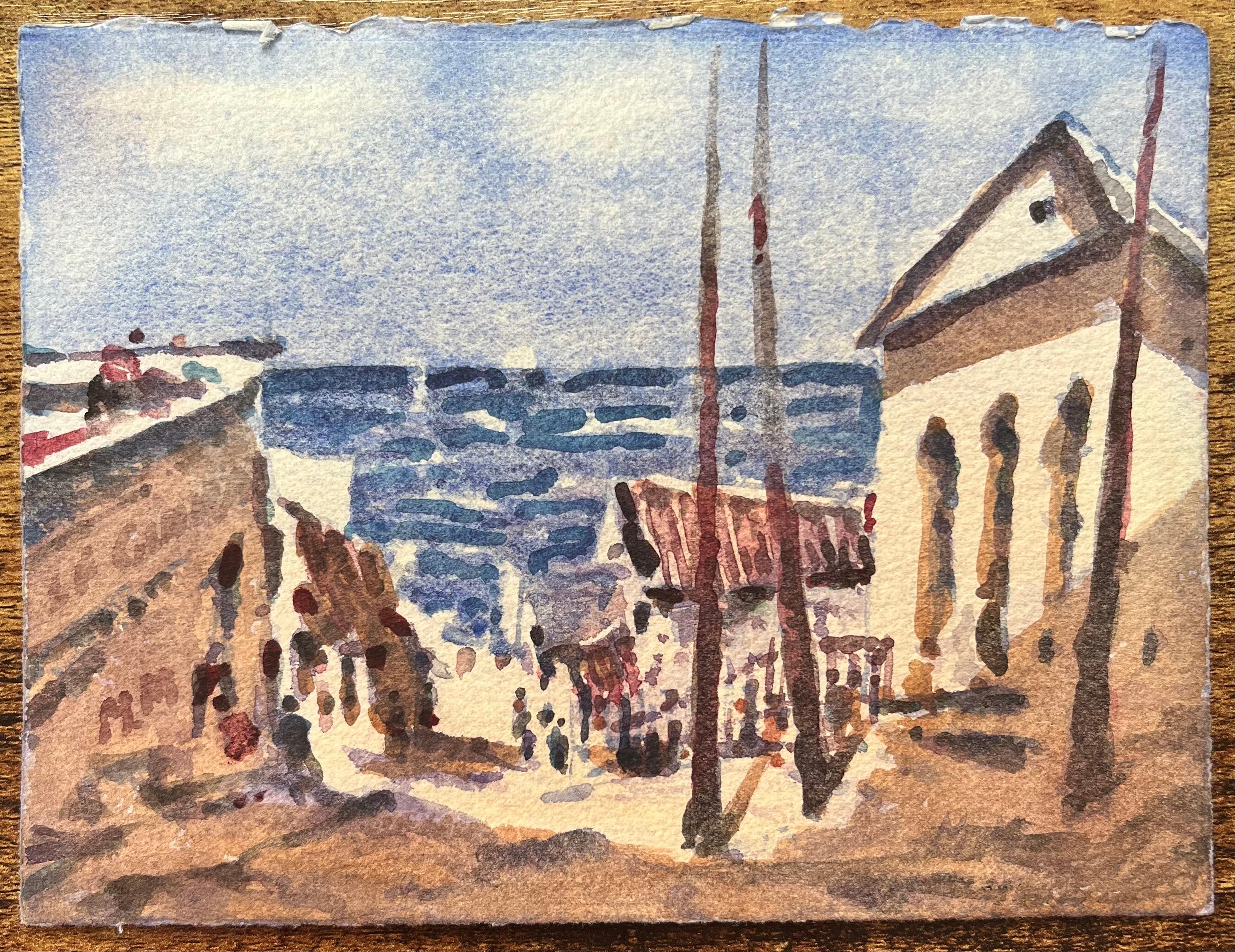 Acquerello impressionista francese con edifici e figure della costa - Art di Maurice Mazeilie