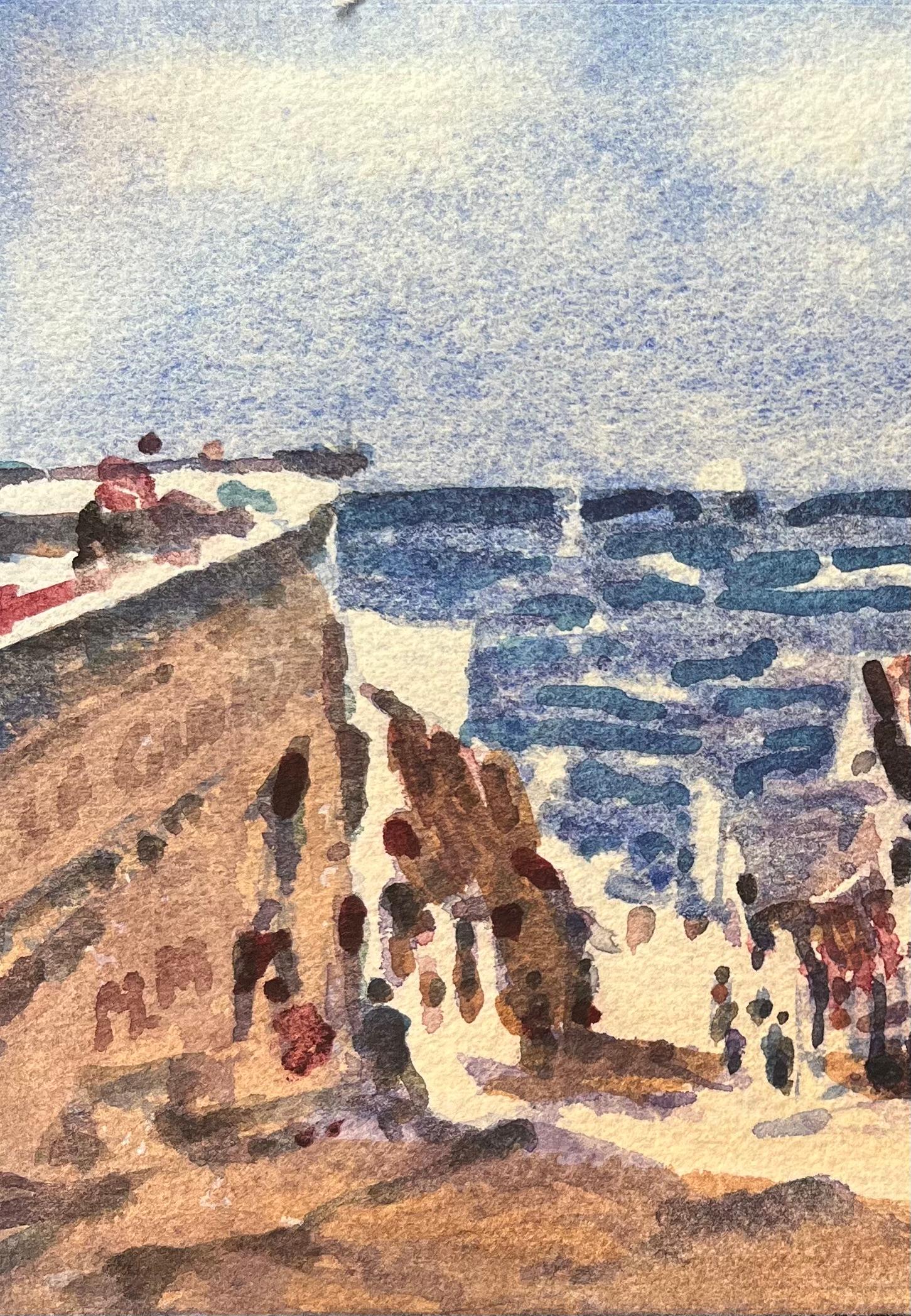 Titolo: Acquerello impressionista francese con edifici e figure della costa
Di Maurice Mazeilie (francese 1924-2021)
Medium: Acquerello su carta, senza cornice
Dimensioni: 5,5 x 7,5 pollici (altezza x larghezza)
Firmato: Iniziali in basso a