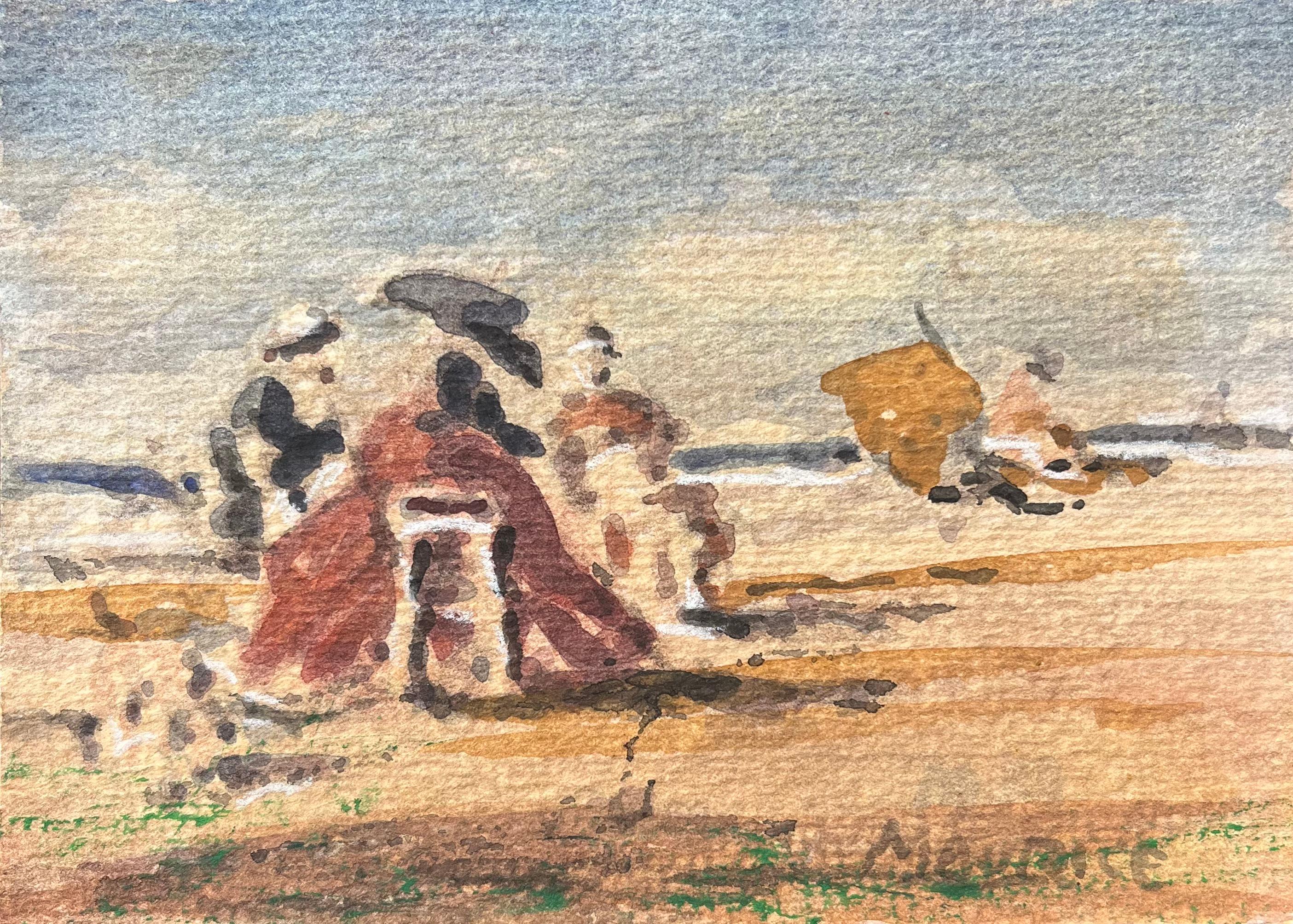 Französischer Impressionist Aquarell von Frauen entspannen auf einem sonnenbeschienenen Strand