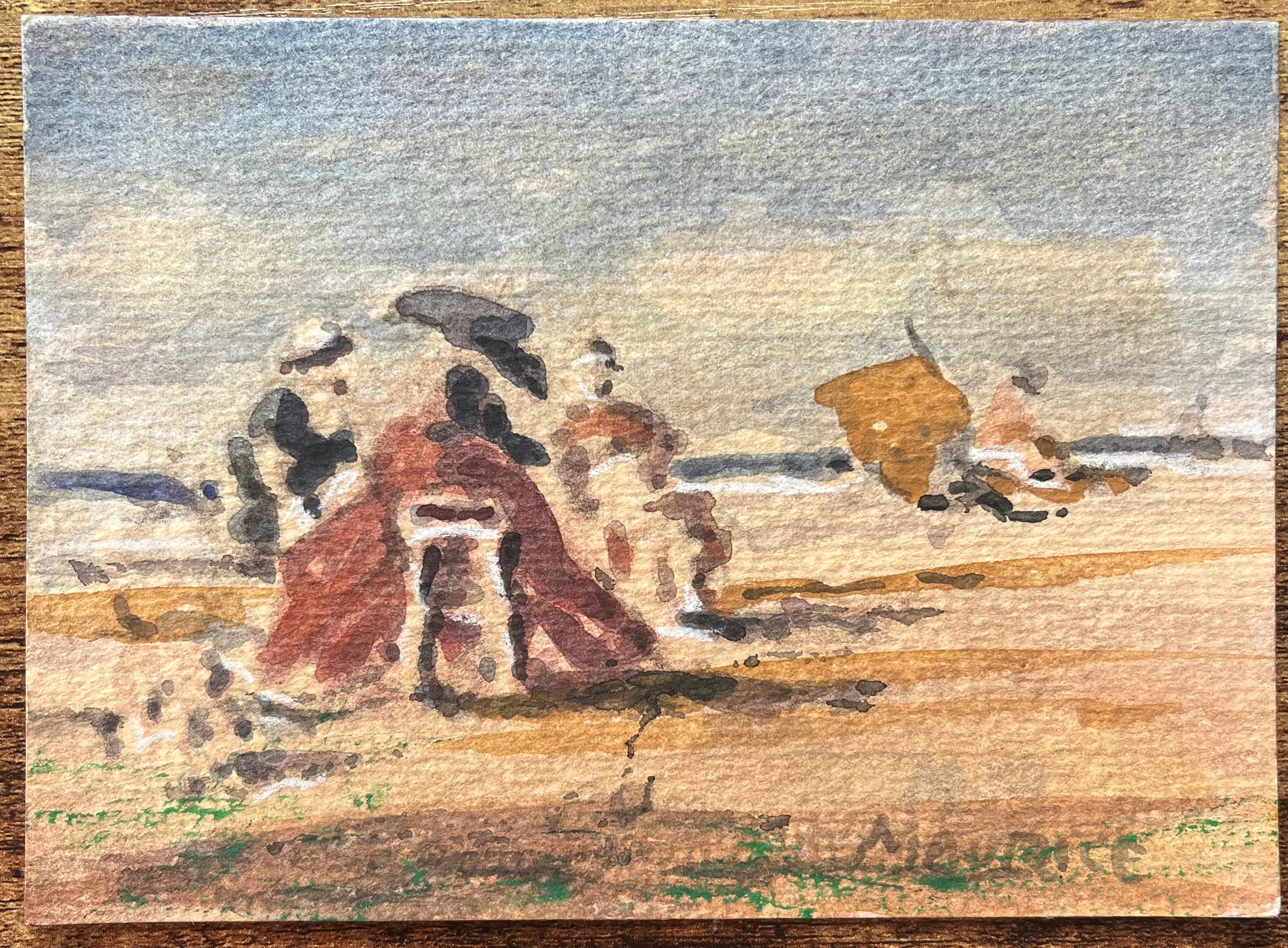 Acquerello impressionista francese di donne che si rilassano su una spiaggia illuminata dal sole - Art di Maurice Mazeilie