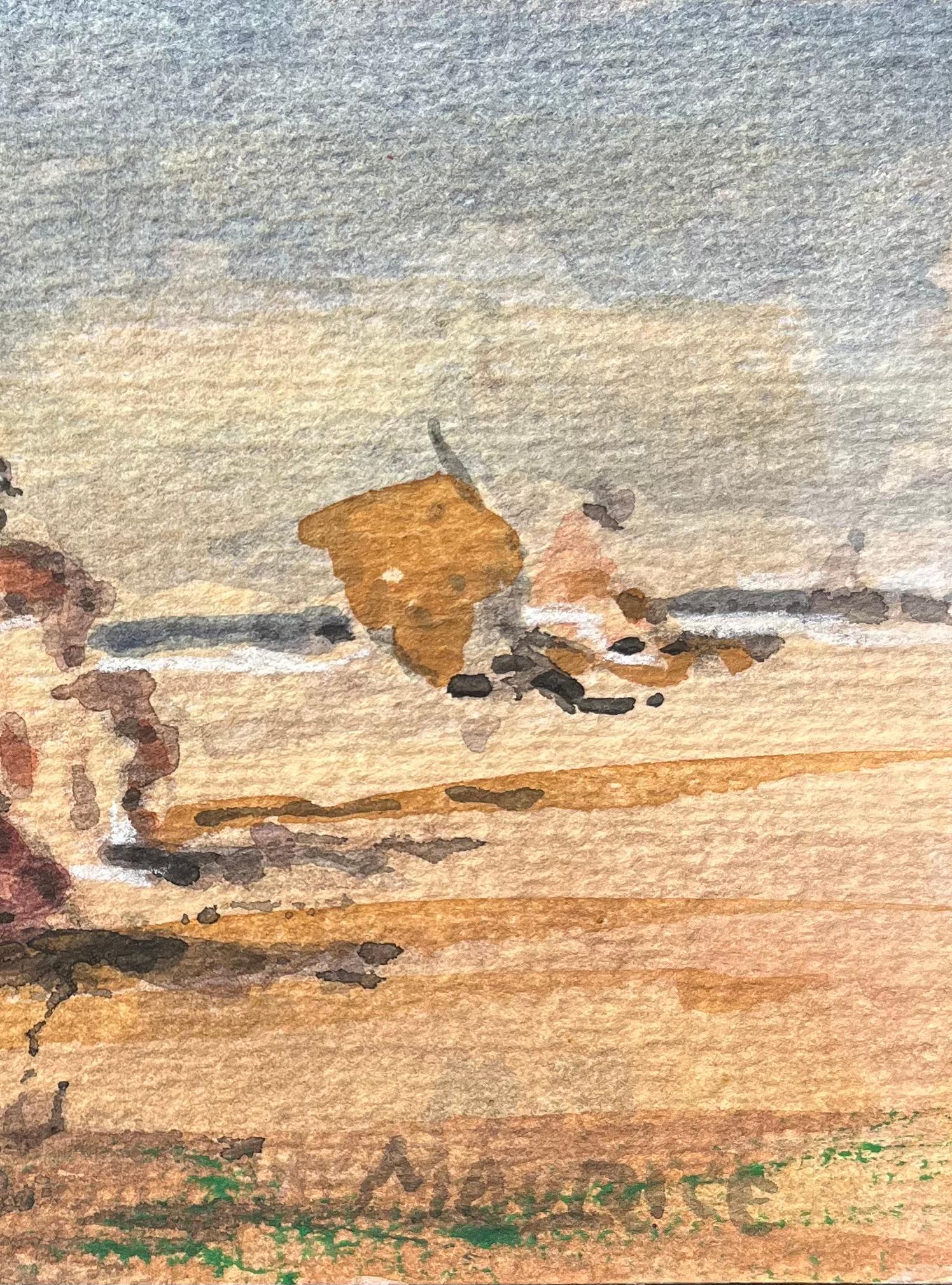 Acquerello impressionista francese di donne che si rilassano su una spiaggia illuminata dal sole - Art Impressionismo di Maurice Mazeilie