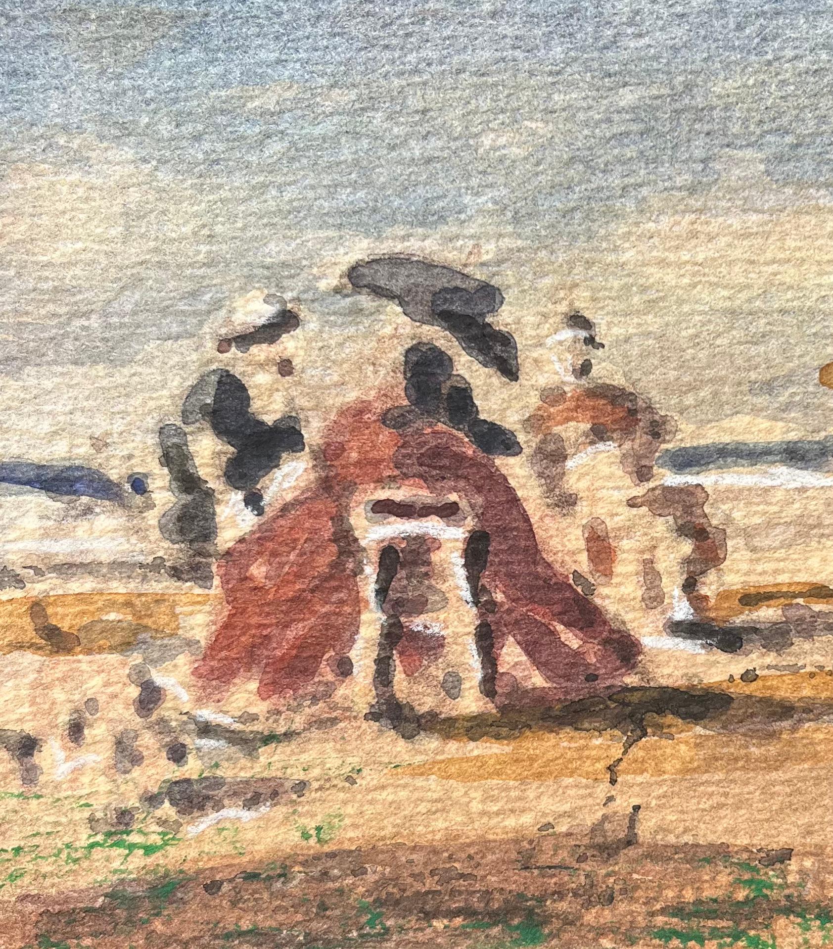 Acquerello impressionista francese di donne che si rilassano su una spiaggia illuminata dal sole - Landscape Art Beige di Maurice Mazeilie