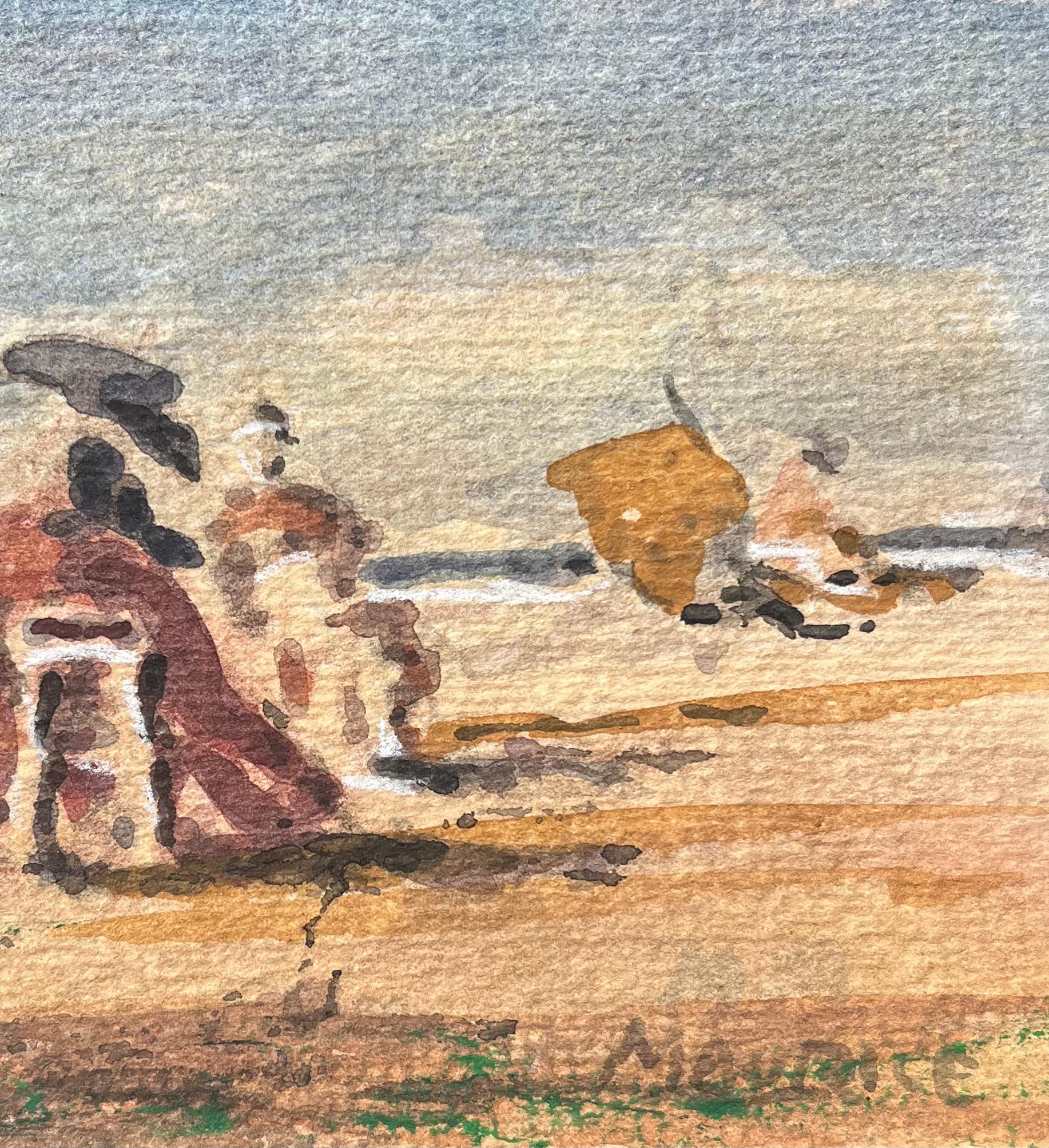 Titolo: Acquerello impressionista francese di donne che si rilassano su una spiaggia illuminata dal sole
Di Maurice Mazeilie (francese 1924-2021)
Medium: Acquerello su carta, senza cornice
Dimensioni: 5 x 7 pollici (altezza x larghezza)
Firmato: Yes
