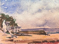 Aquarelle impressionniste française d'un village côtier avec une baie en bas-relief
