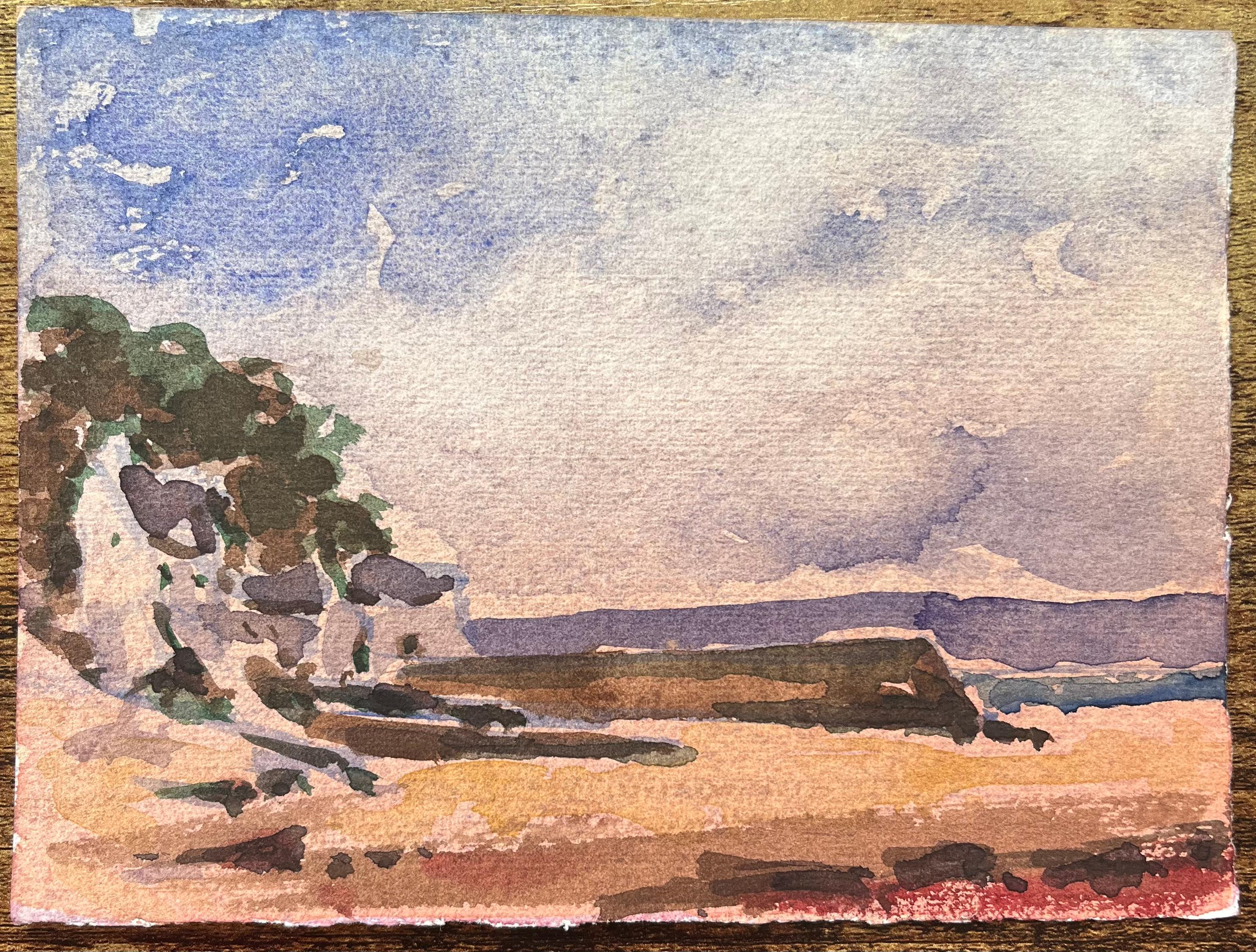 Aquarelle impressionniste française d'un village côtier avec une baie en bas-relief - Art de Maurice Mazeilie