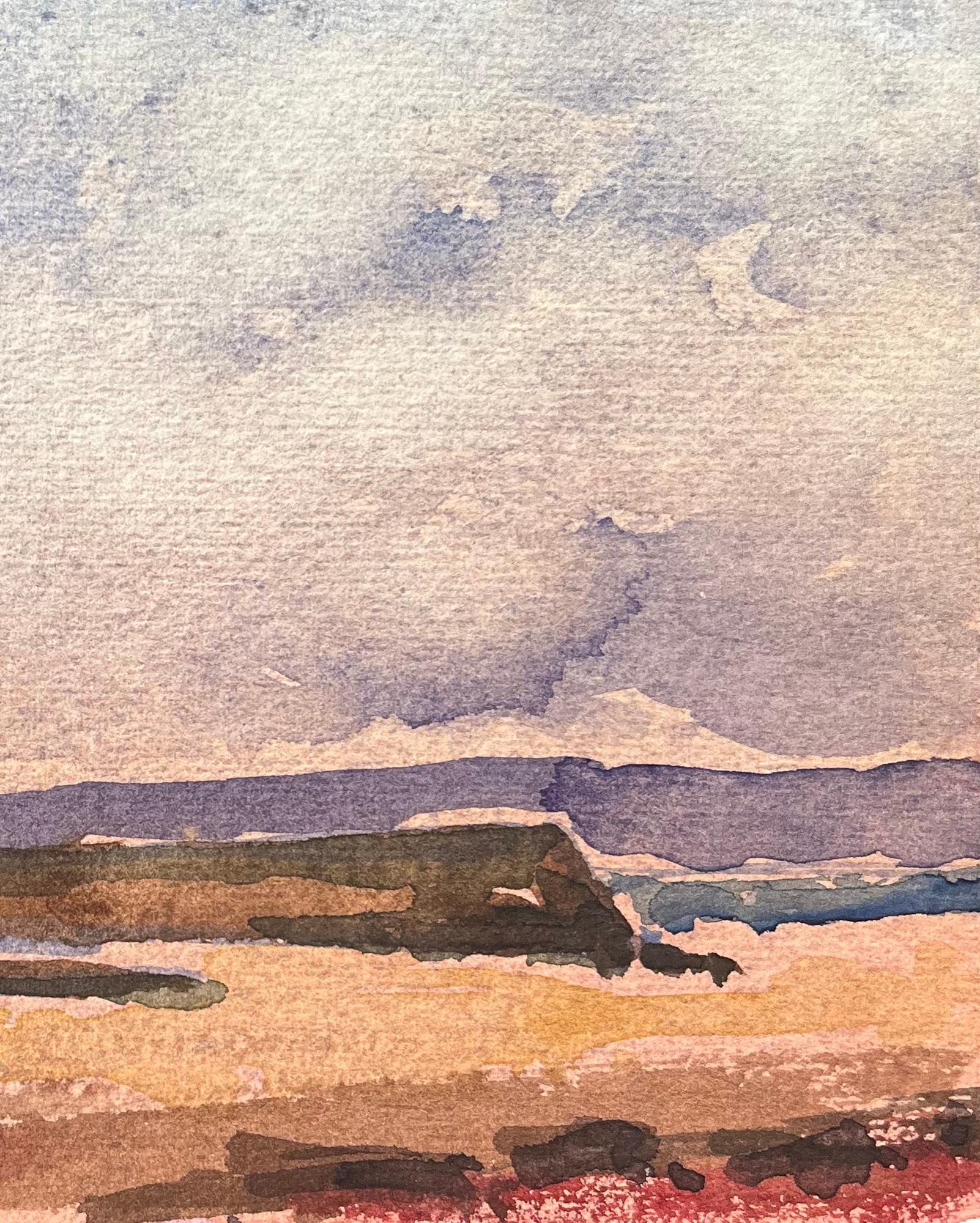 Aquarelle impressionniste française d'un village côtier avec une baie en bas-relief - Impressionnisme Art par Maurice Mazeilie