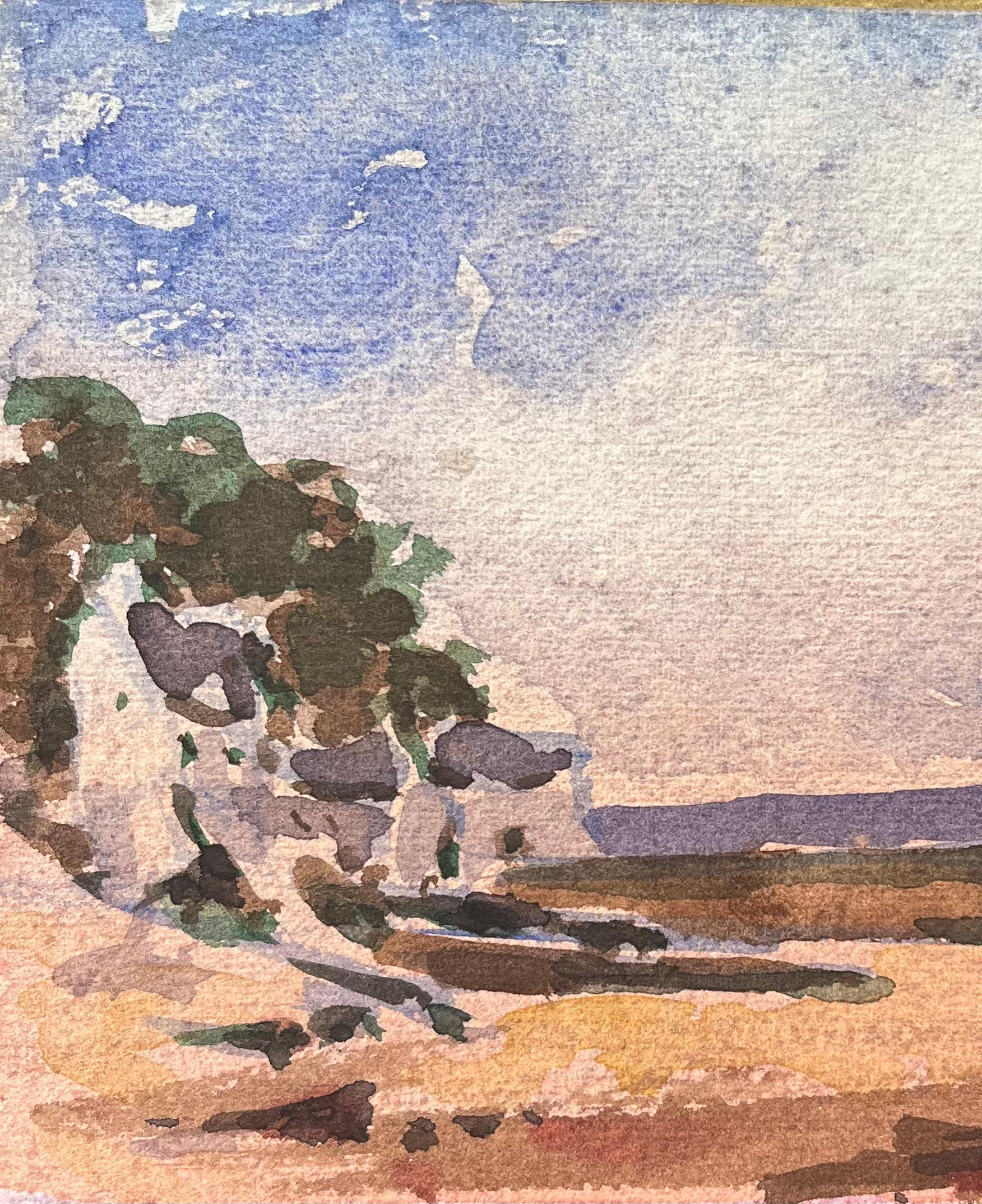 Aquarelle impressionniste française d'un village côtier avec une baie en bas-relief - Beige Landscape Art par Maurice Mazeilie