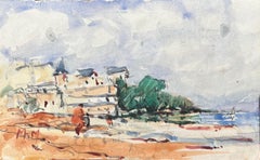 French Impressionist Watercolor of Coastal Village with Figures