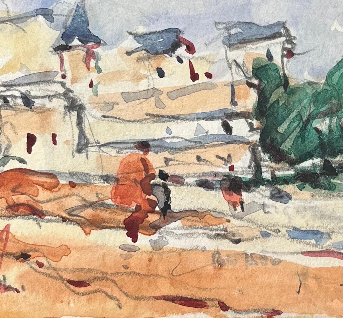 Acquerello impressionista francese raffigurante un villaggio costiero con figure in vendita 1