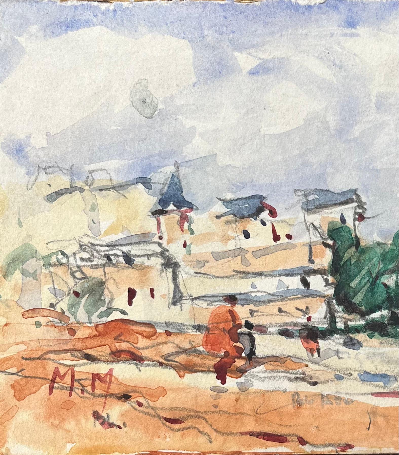 Titolo: Acquerello impressionista francese di un villaggio costiero con figure
Di Maurice Mazeilie (francese 1924-2021)
Medium: Acquerello su carta, senza cornice
Dimensioni: 5 x 8,25 pollici (altezza x larghezza)
Firmato: Iniziali in basso a