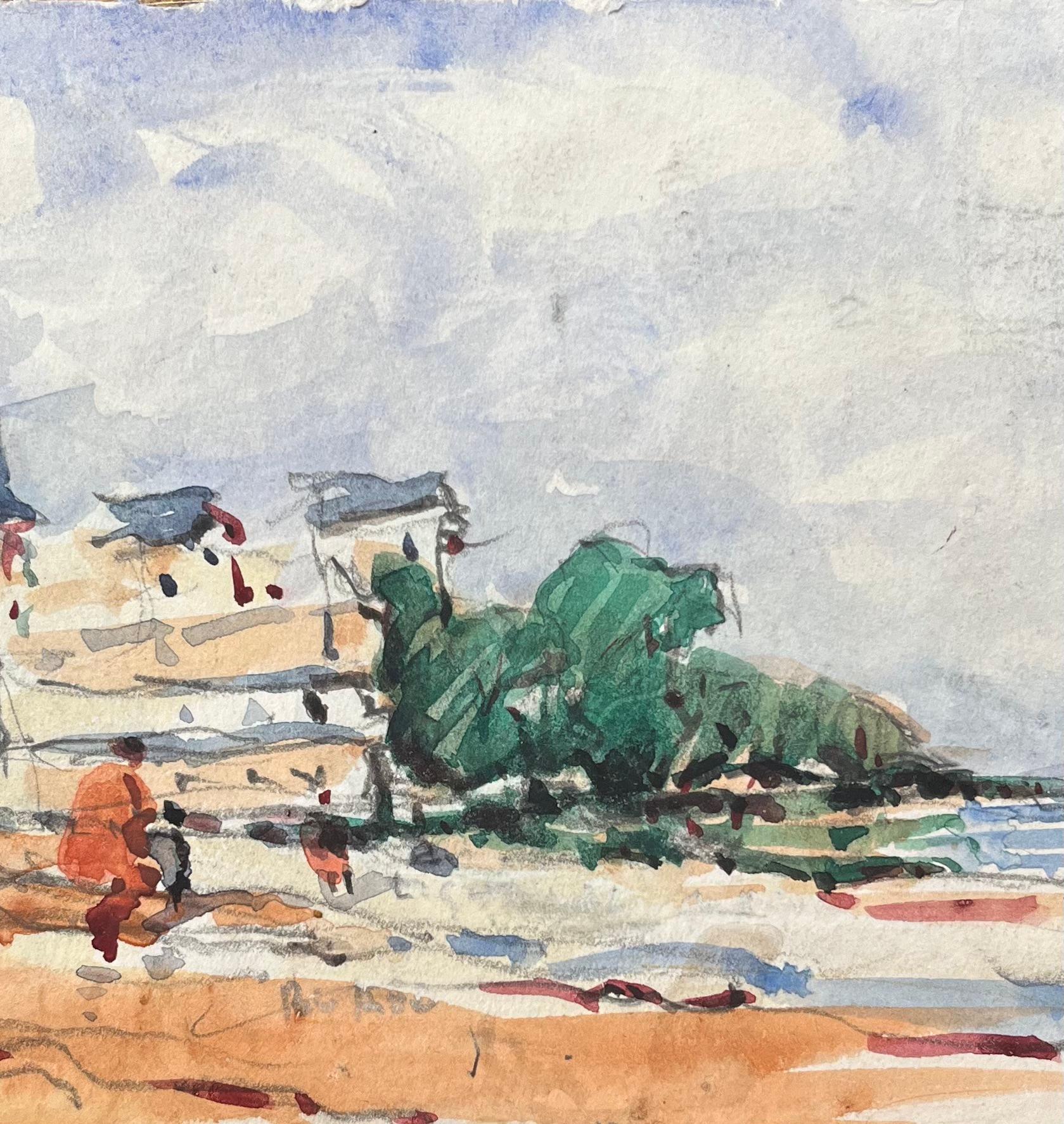 Acquerello impressionista francese raffigurante un villaggio costiero con figure - Landscape Art Beige di Maurice Mazeilie