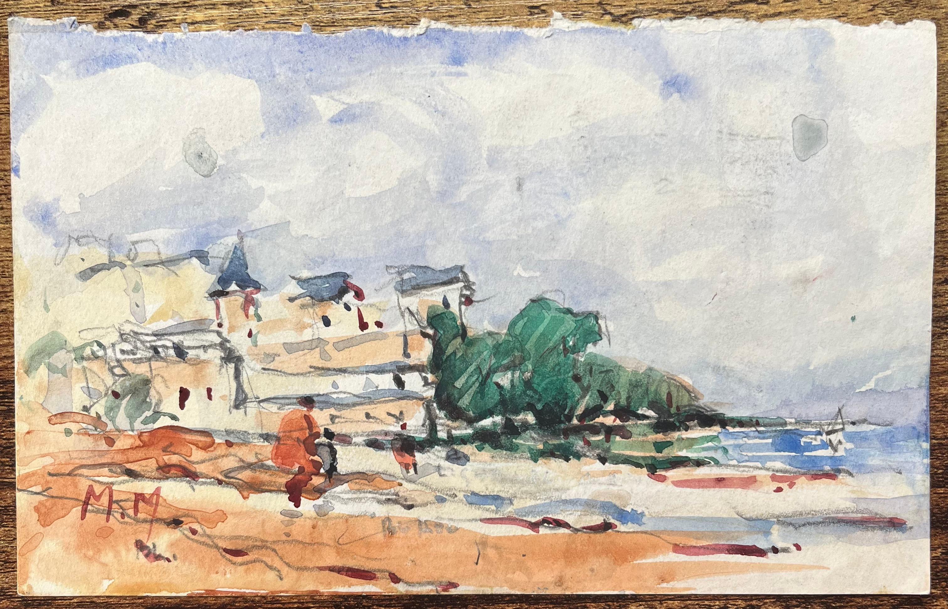 Acquerello impressionista francese raffigurante un villaggio costiero con figure - Art di Maurice Mazeilie
