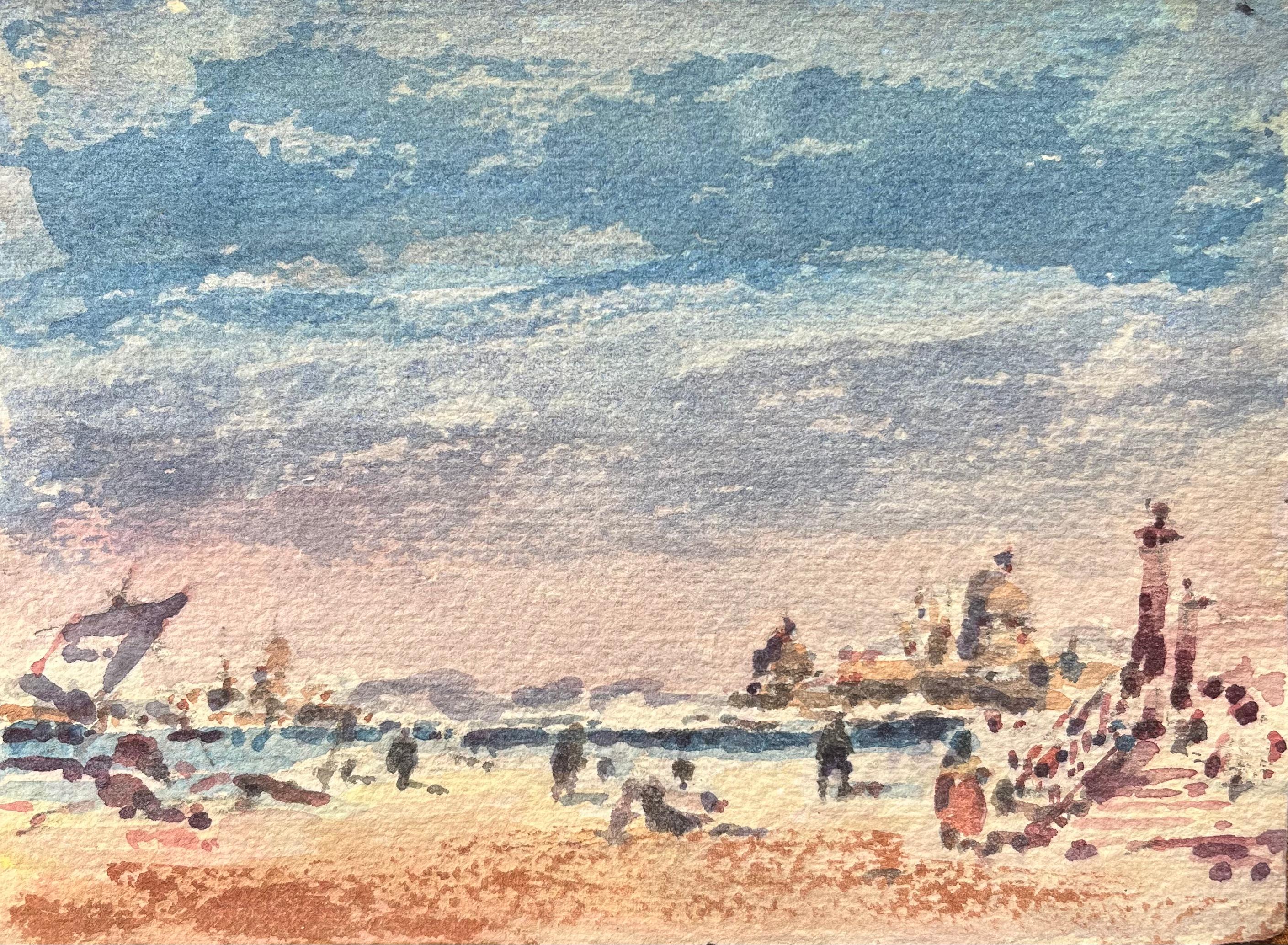 Aquarelle impressionniste française de bord de mer avec personnages et jetée