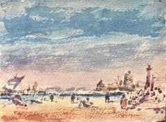 Acuarela Impresionista Francesa de Playa con Figuras y Muelle