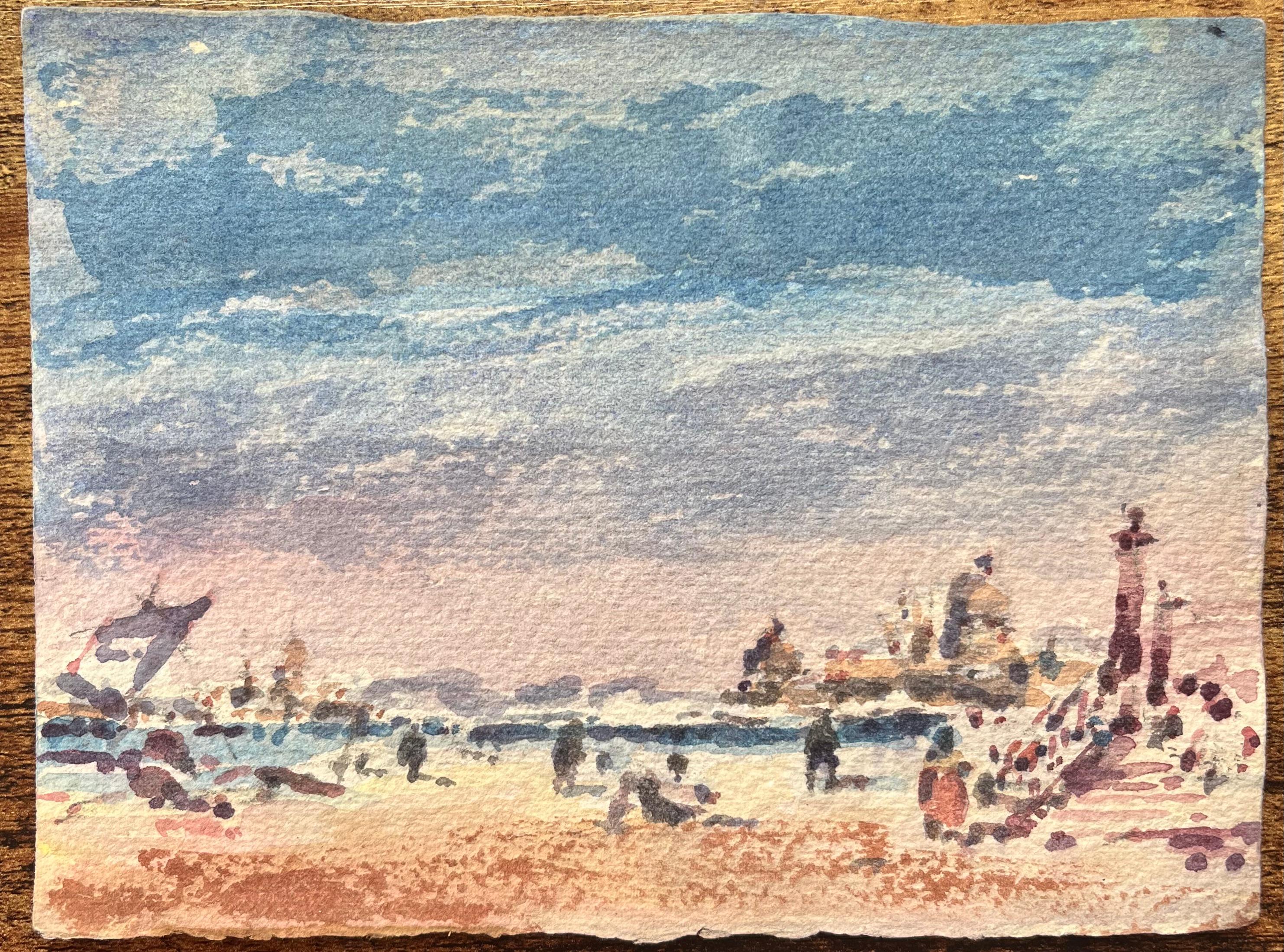 Acquerello impressionista francese di fronte alla spiaggia con figure e molo - Art di Maurice Mazeilie