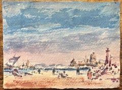 Acuarela Impresionista Francesa de Playa con Figuras y Muelle