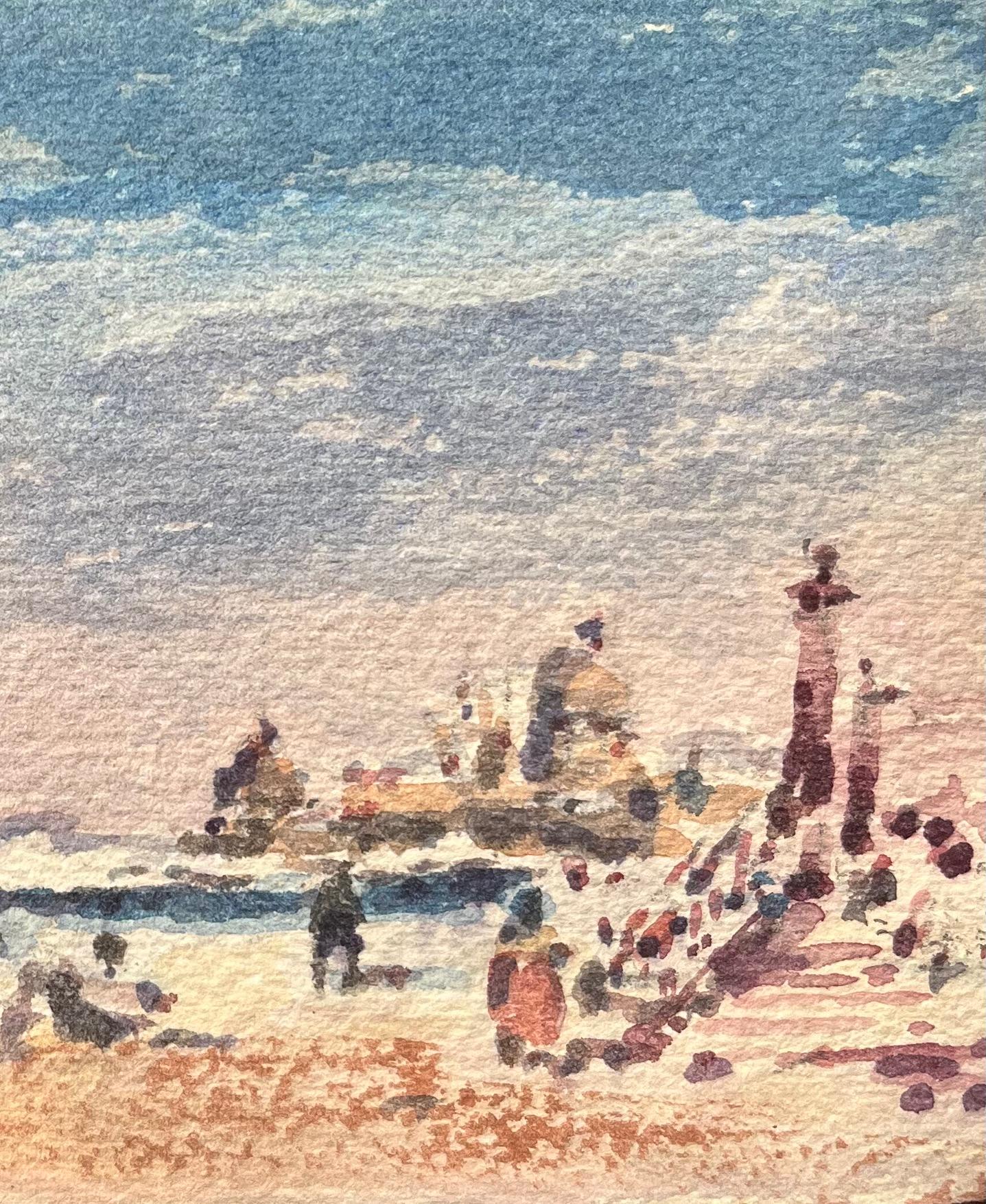 Acquerello impressionista francese di fronte alla spiaggia con figure e molo - Art Impressionismo di Maurice Mazeilie