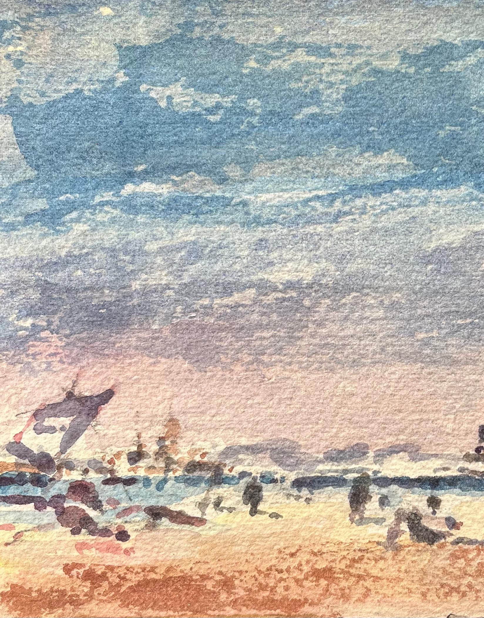 Titolo: Acquerello impressionista francese di fronte alla spiaggia con figure e molo
Di Maurice Mazeilie (francese 1924-2021)
Medium: Acquerello su carta, senza cornice
Dimensioni: 5,5 x 7,25 pollici (altezza x larghezza)
Timbrato: Verso
Condit: