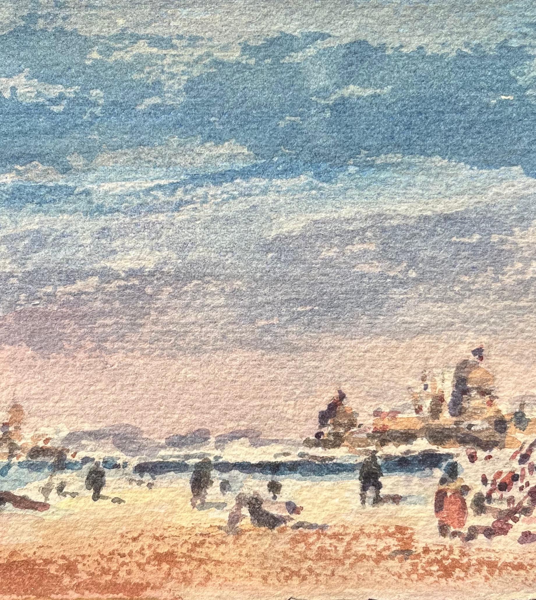 Acquerello impressionista francese di fronte alla spiaggia con figure e molo - Landscape Art Grigio di Maurice Mazeilie