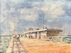 Aquarelle impressionniste française d'un quai avec des personnages par une journée ensoleillée