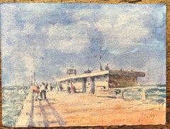 Acquerello impressionista francese di un molo con figure in una giornata di sole