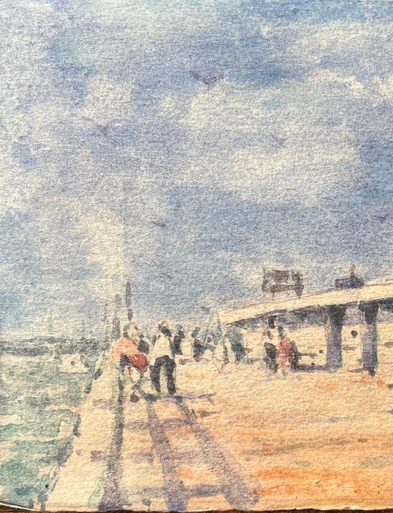 Acquerello impressionista francese di un molo con figure in una giornata di sole in vendita 2