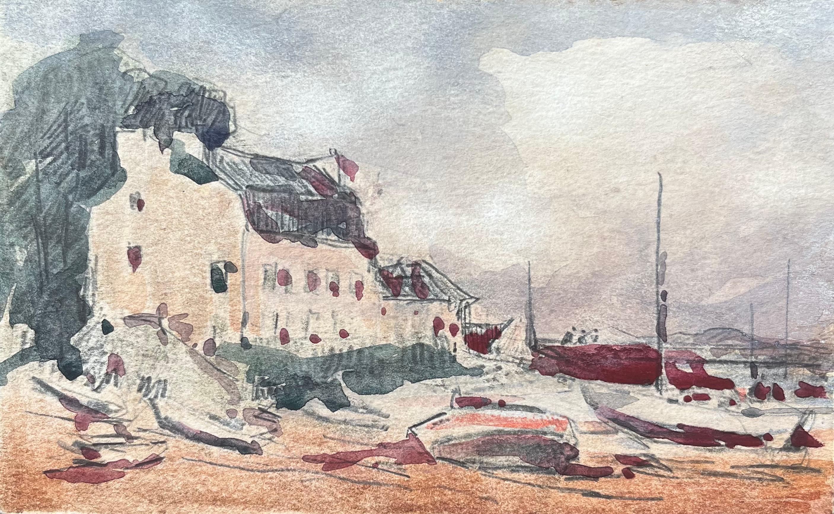 Aquarelle impressionniste française d'un village côtier avec des bateaux à basse température