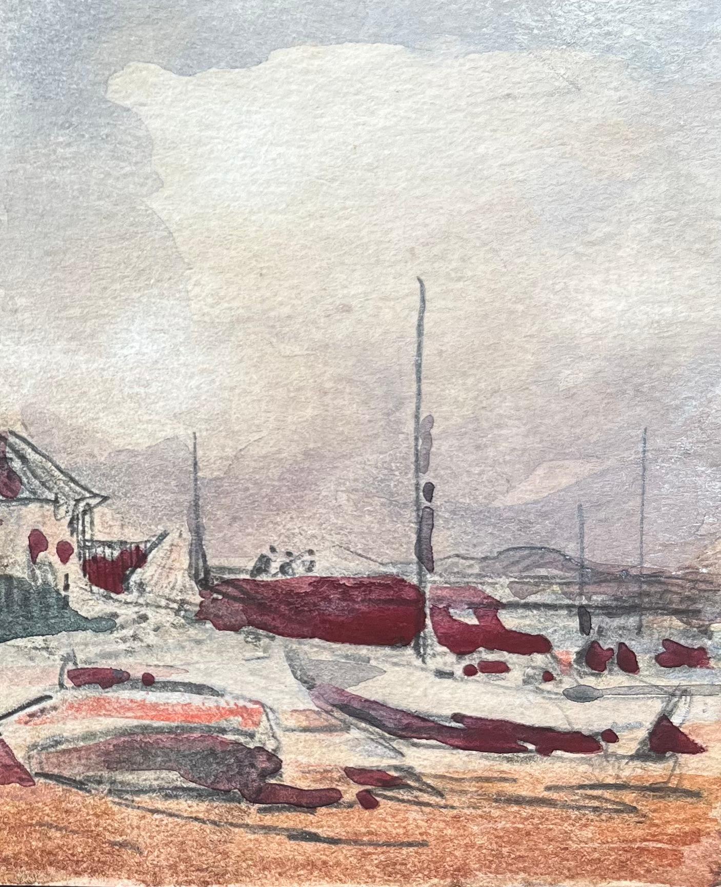 Aquarelle impressionniste française d'un village côtier avec des bateaux à basse température - Impressionnisme Art par Maurice Mazeilie