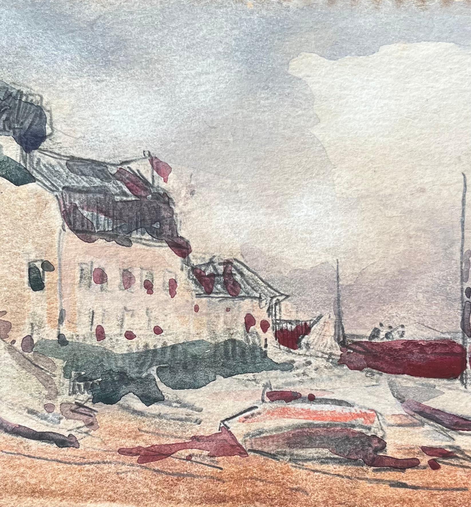 Aquarelle impressionniste française d'un village côtier avec des bateaux à basse température - Gris Landscape Art par Maurice Mazeilie