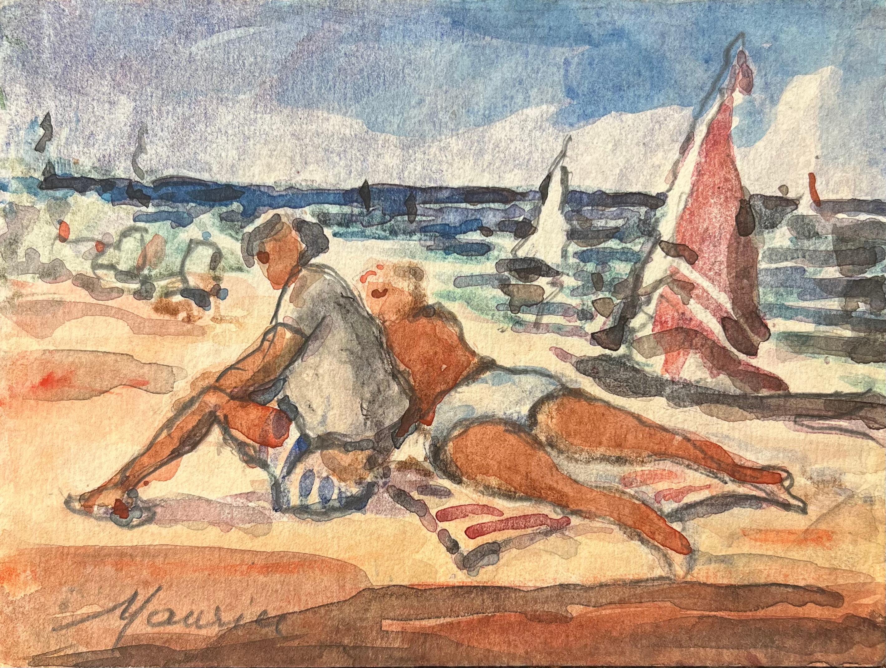 Acquerello impressionista francese raffigurante una scena di spiaggia rilassata con barche a vela