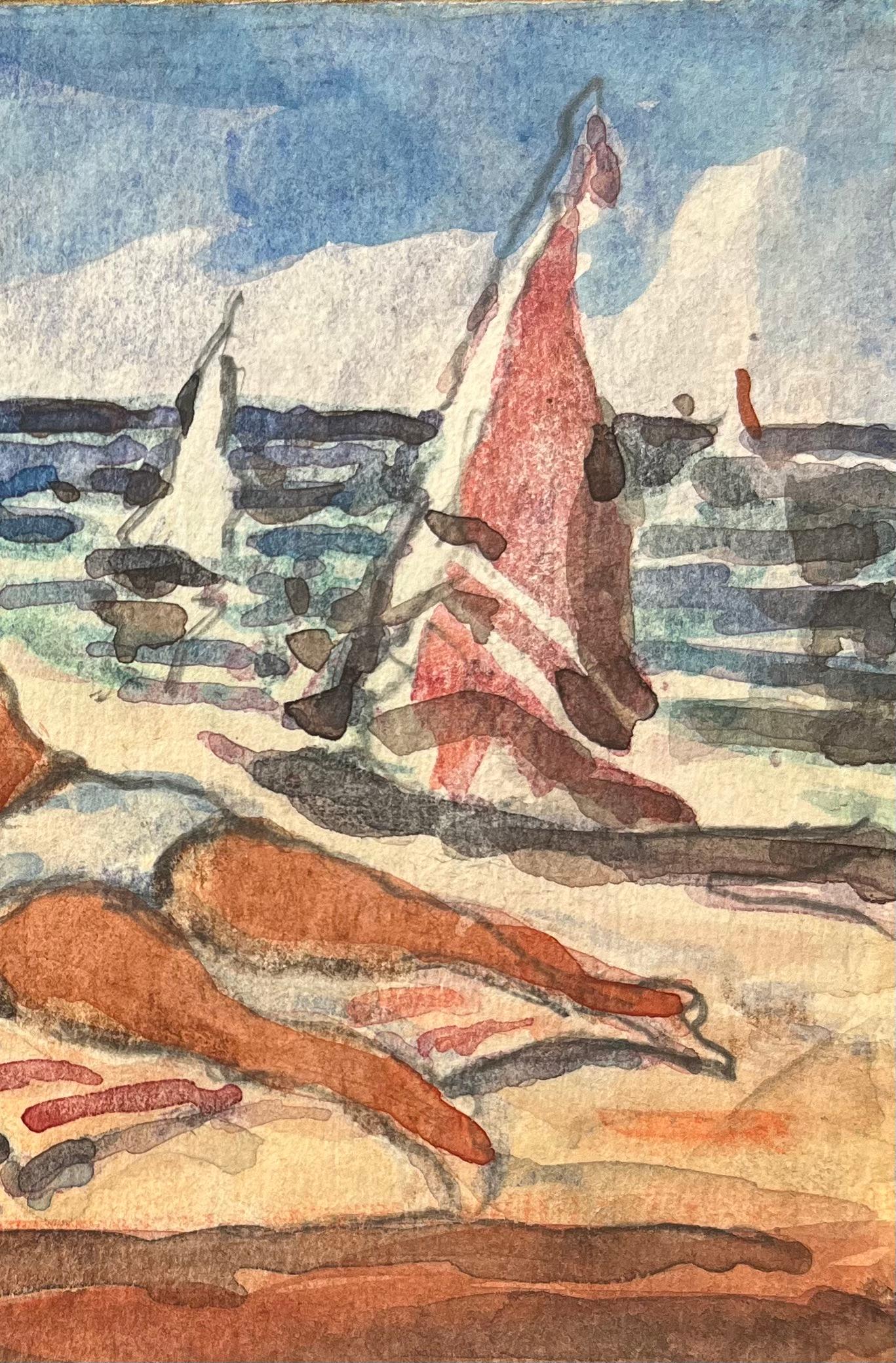 Acquerello impressionista francese raffigurante una scena di spiaggia rilassata con barche a vela - Art Impressionismo di Maurice Mazeilie