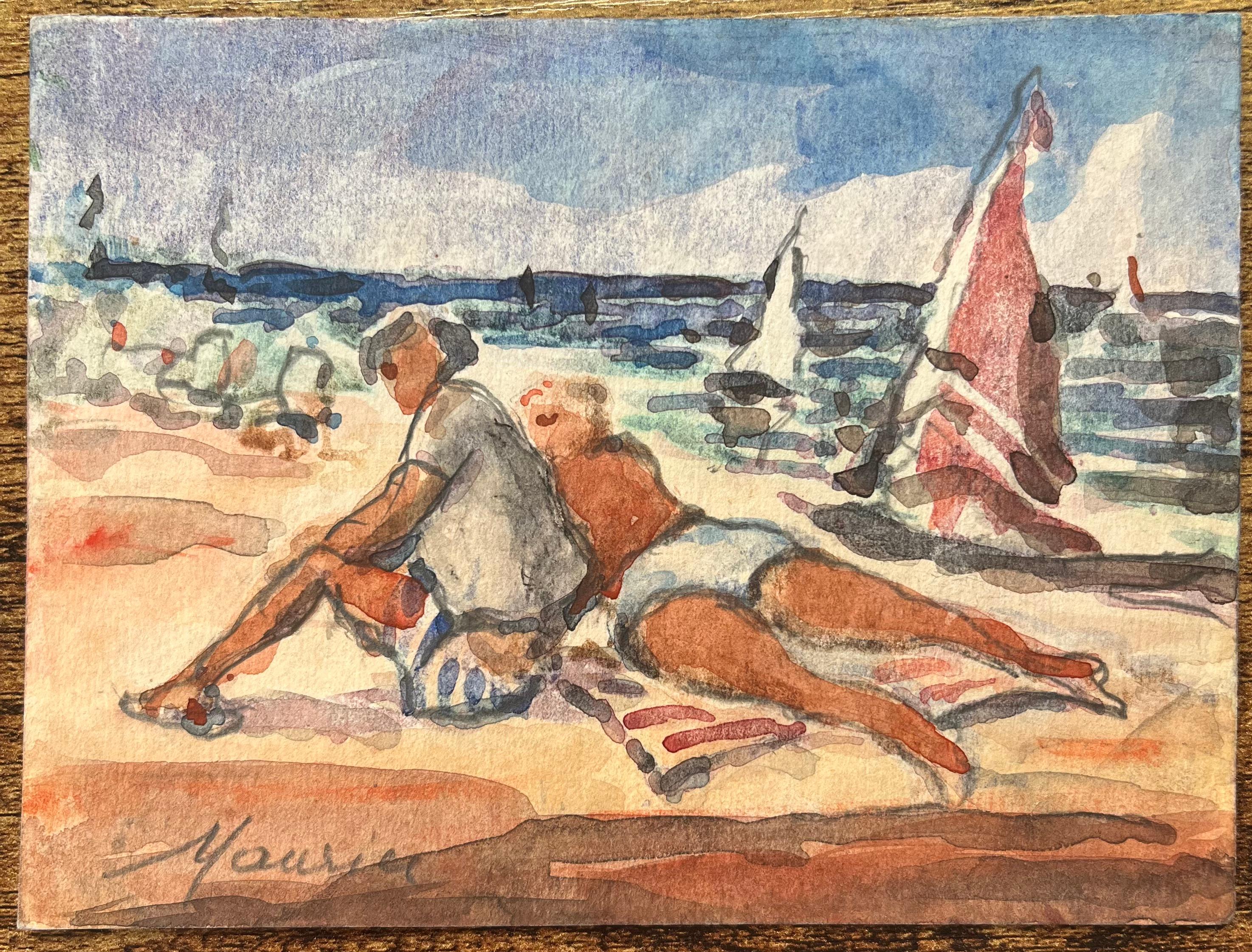 Acquerello impressionista francese raffigurante una scena di spiaggia rilassata con barche a vela - Art di Maurice Mazeilie