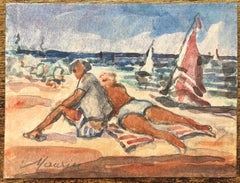 Französischer Impressionist Aquarell der entspannten Strandszene mit Segelbooten