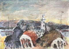 Aquarelle impressionniste française représentant des personnages près du phare au coucher du soleil