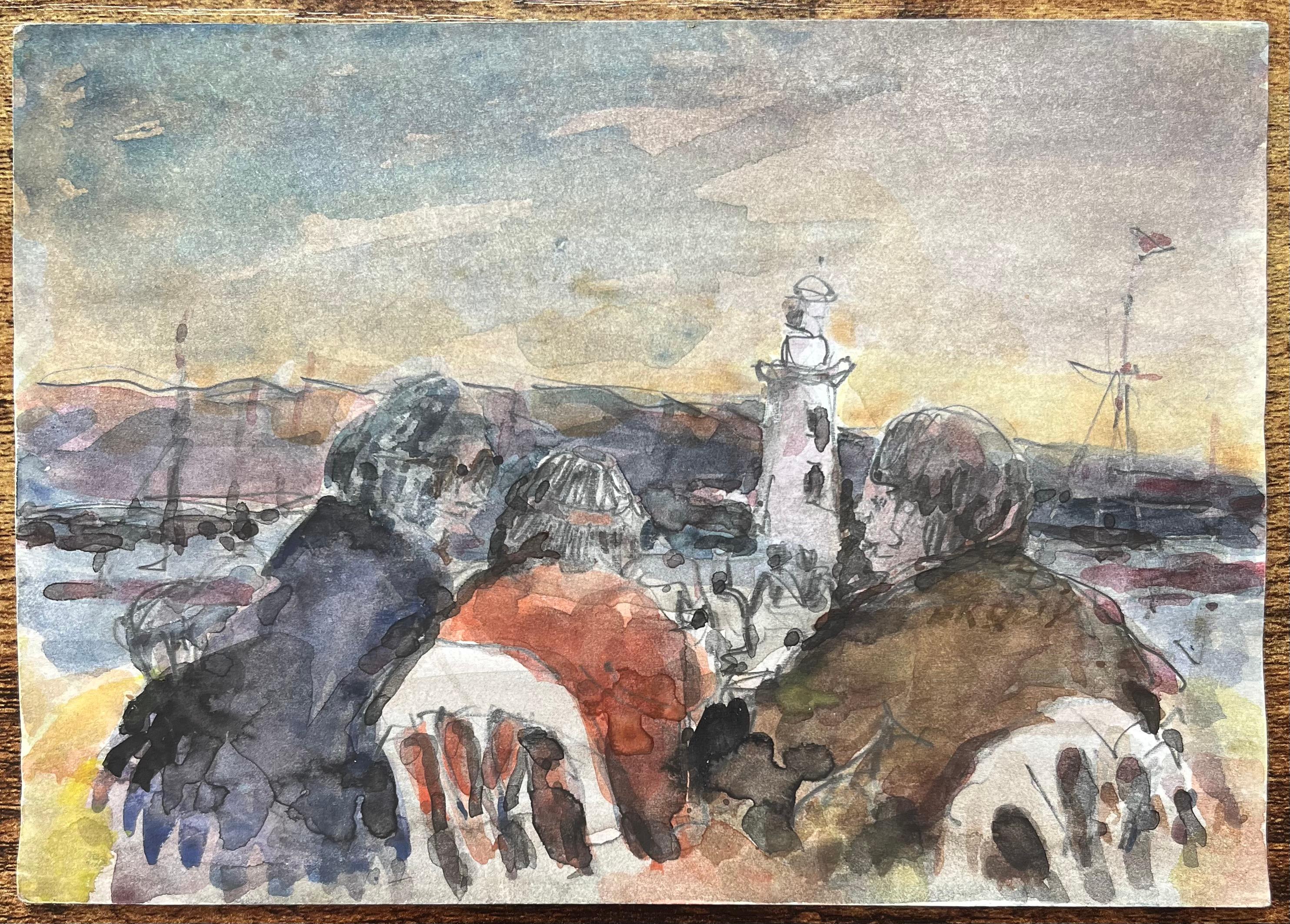 French Impressionist Watercolor of Figures by the Lighthouse at Sunset - Art by Maurice Mazeilie