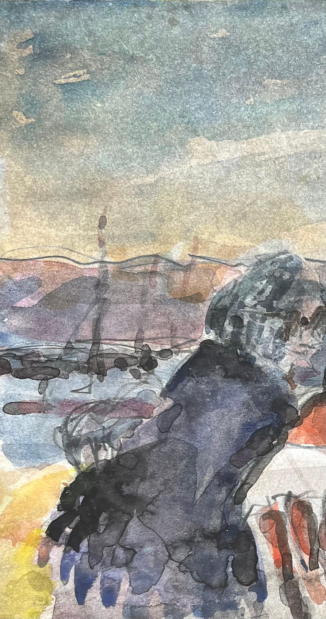 French Impressionist Watercolor of Figures by the Lighthouse at Sunset For Sale 1