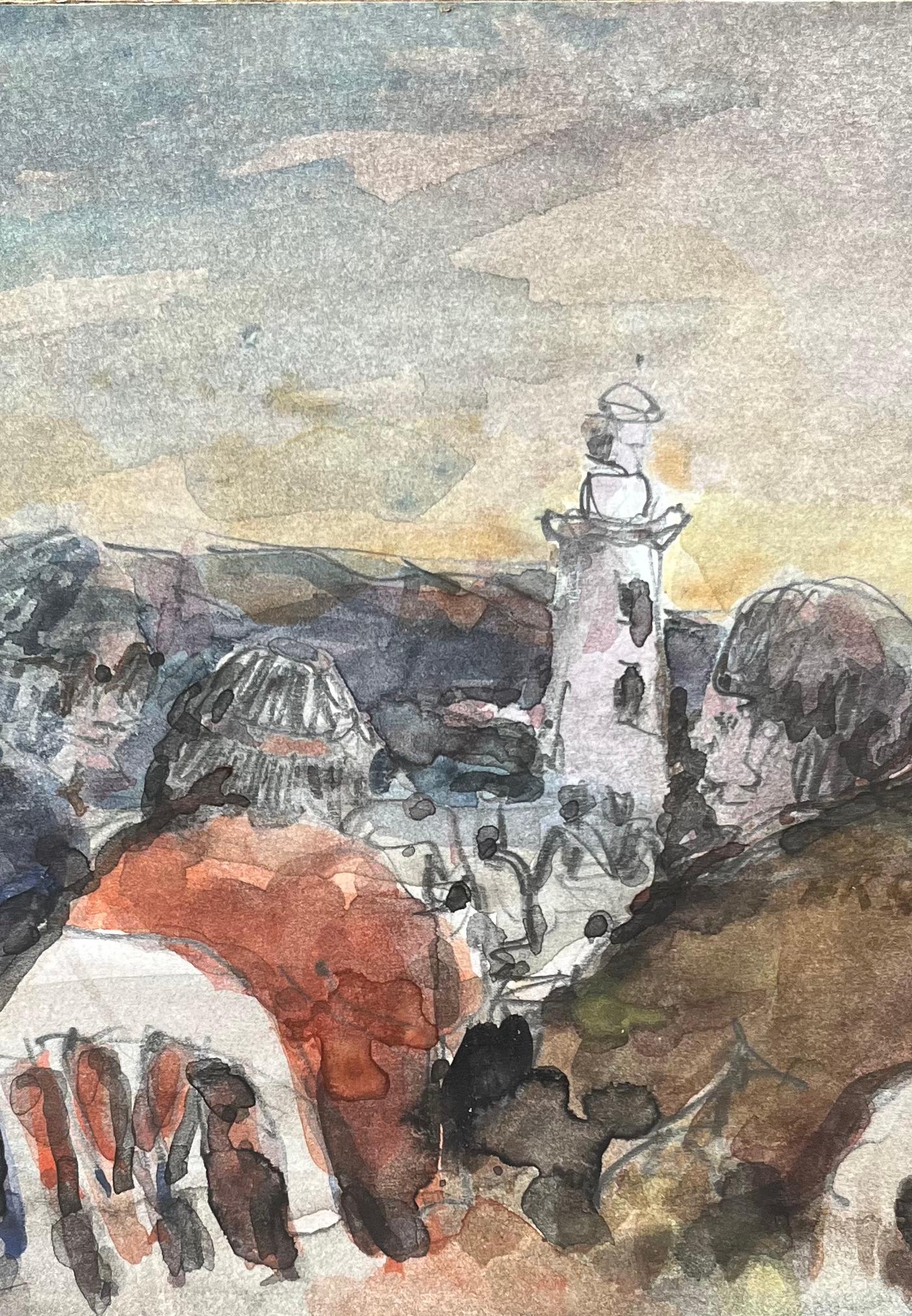 French Impressionist Watercolor of Figures by the Lighthouse at Sunset - Gray Landscape Art by Maurice Mazeilie