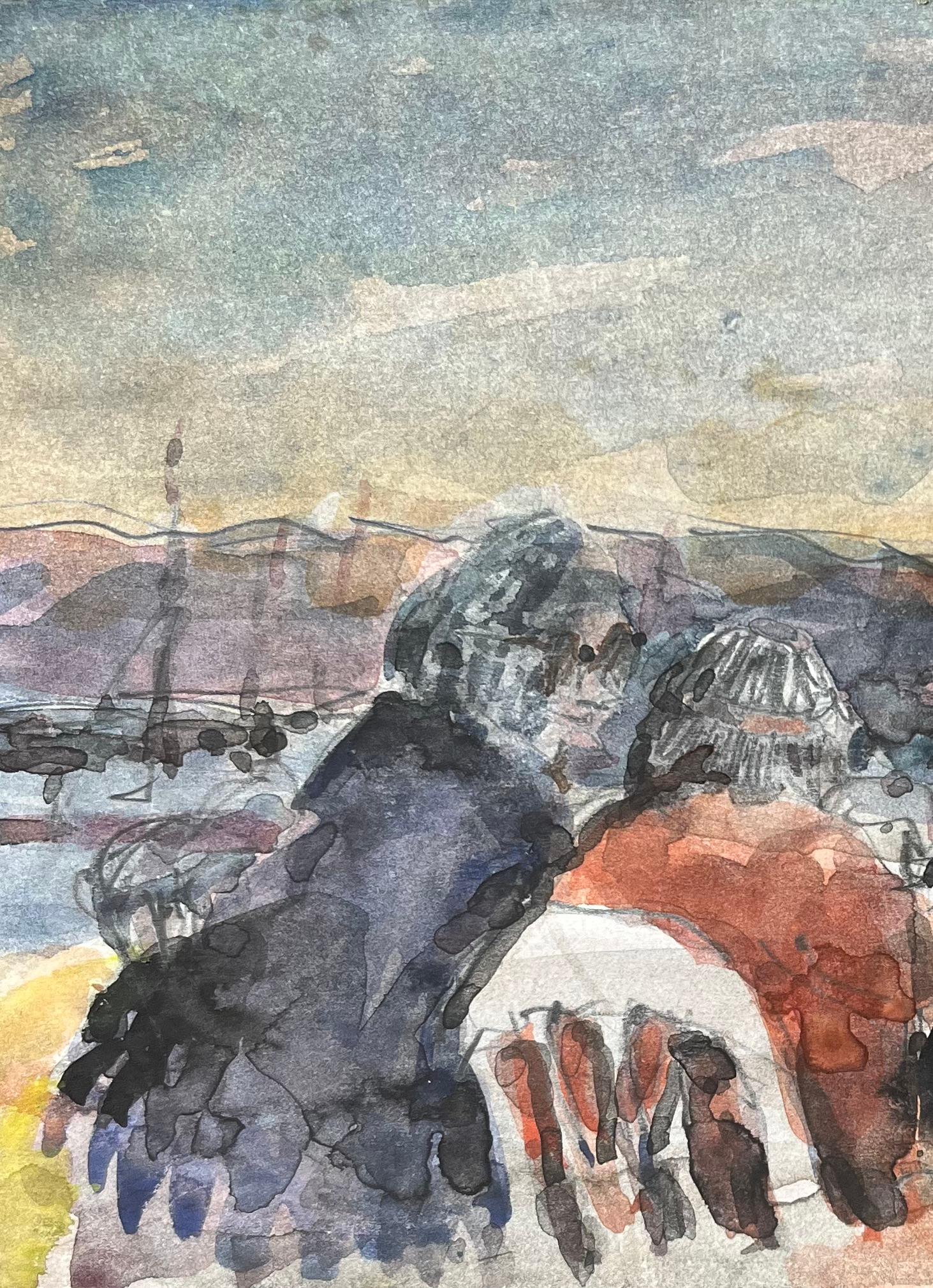 French Impressionist Watercolor of Figures by the Lighthouse at Sunset For Sale 2