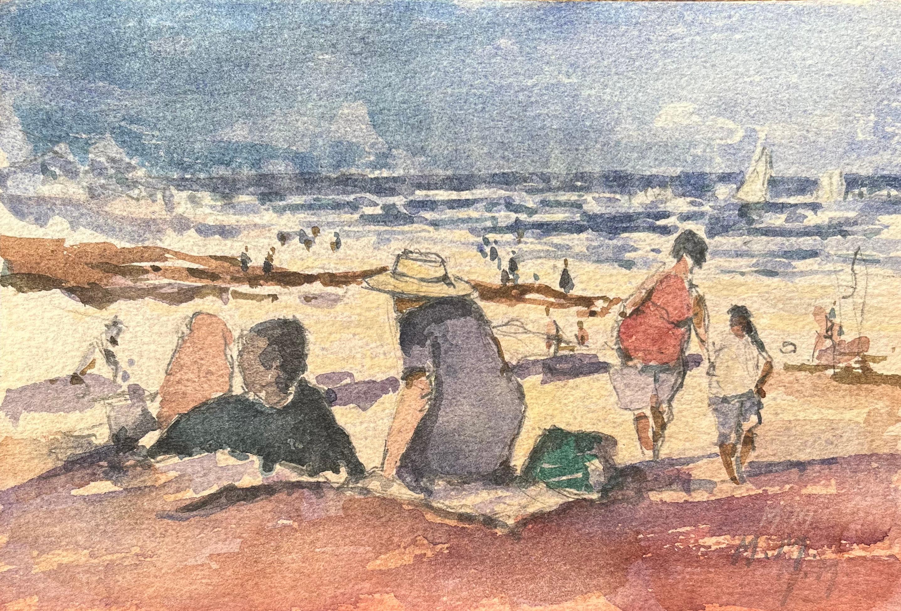 Acquerello impressionista francese di famiglie che si godono una giornata in spiaggia