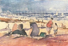 Acquerello impressionista francese di famiglie che si godono una giornata in spiaggia