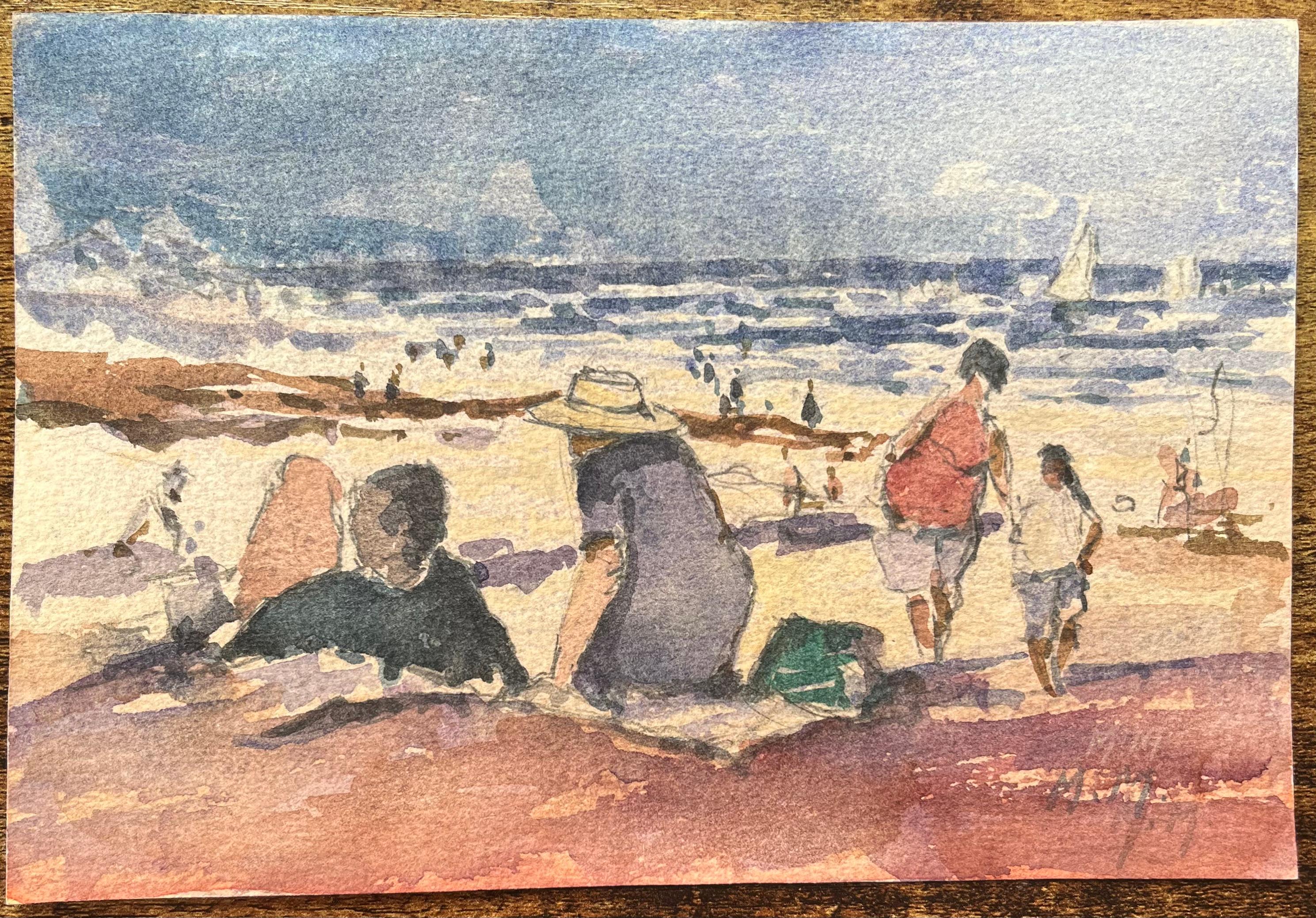 Acquerello impressionista francese di famiglie che si godono una giornata in spiaggia - Art di Maurice Mazeilie