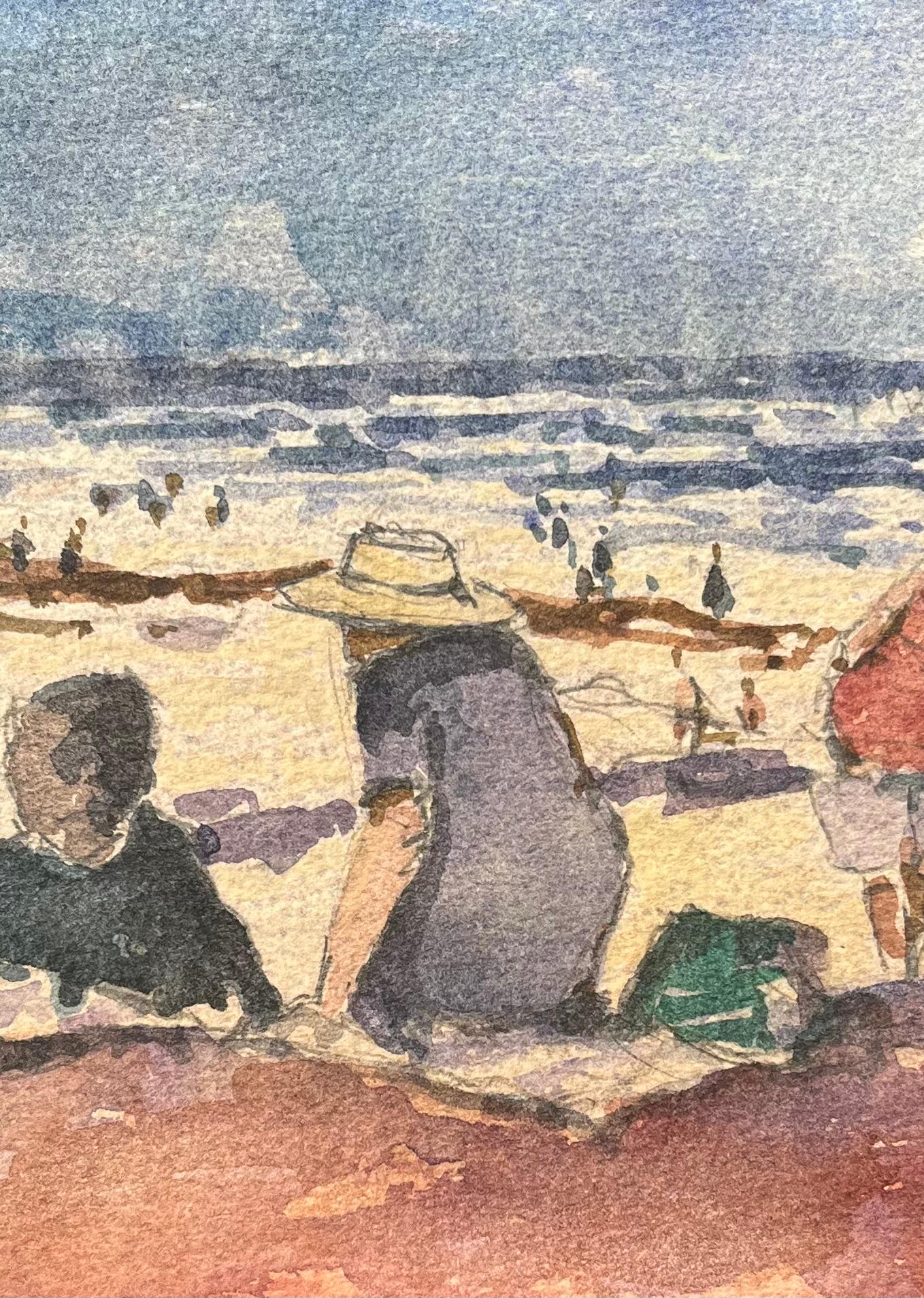 Acquerello impressionista francese di famiglie che si godono una giornata in spiaggia - Landscape Art Beige di Maurice Mazeilie