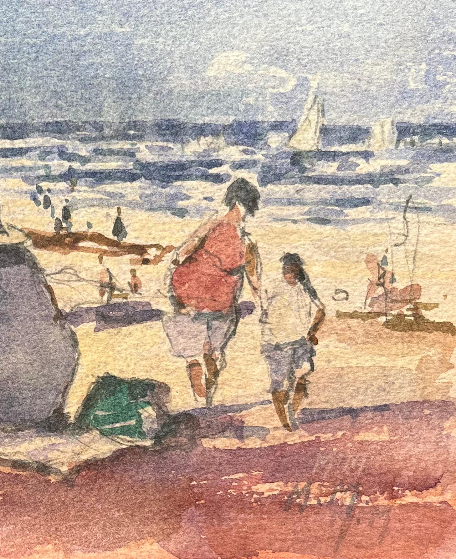 Acquerello impressionista francese di famiglie che si godono una giornata in spiaggia - Art Impressionismo di Maurice Mazeilie