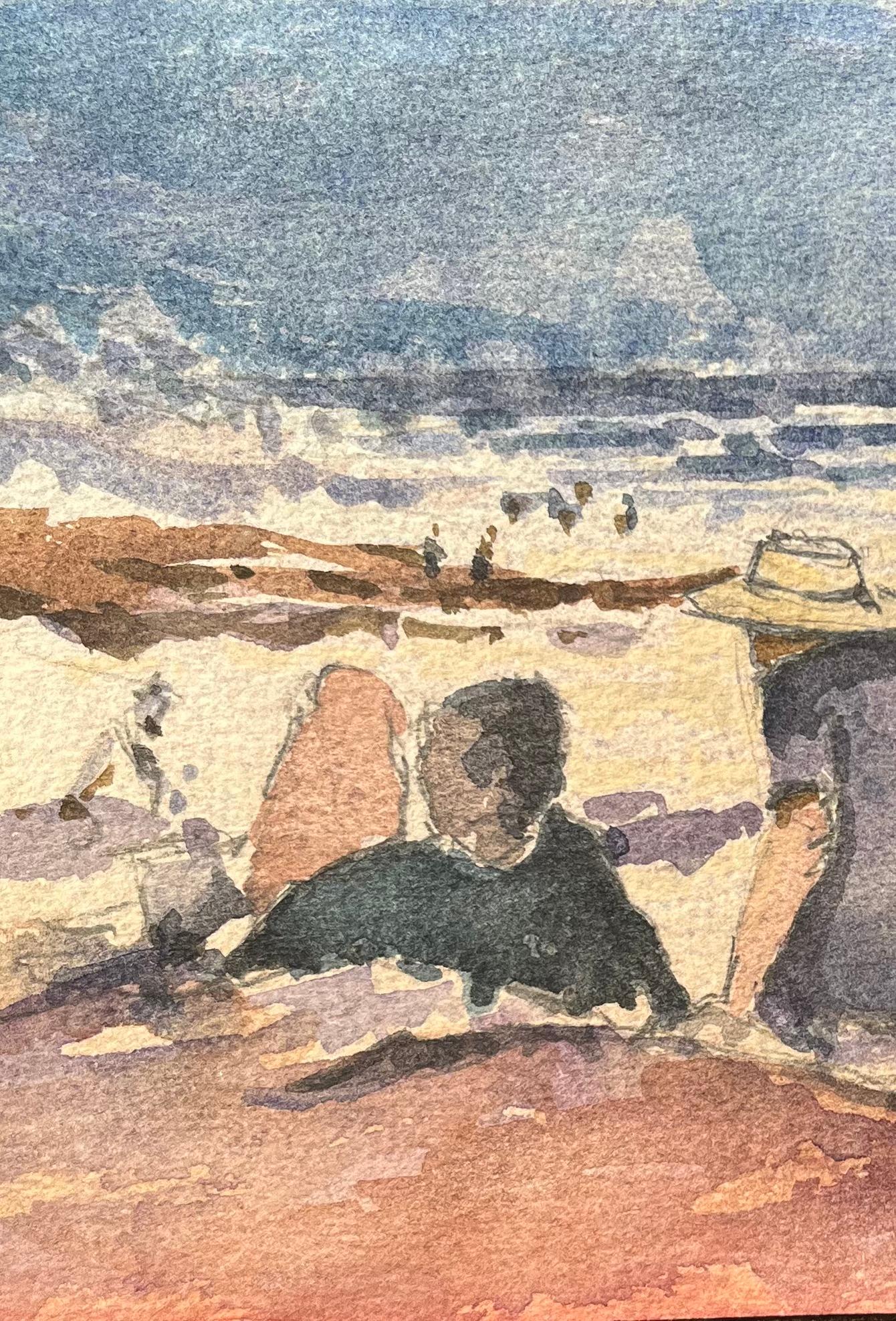 Titolo: Acquerello impressionista francese di famiglie che si godono una giornata in spiaggia
Di Maurice Mazeilie (francese 1924-2021)
Medium: Acquerello su carta, senza cornice
Dimensioni: 6 x 8,75 pollici (altezza x larghezza)
Firmato: Iniziali in