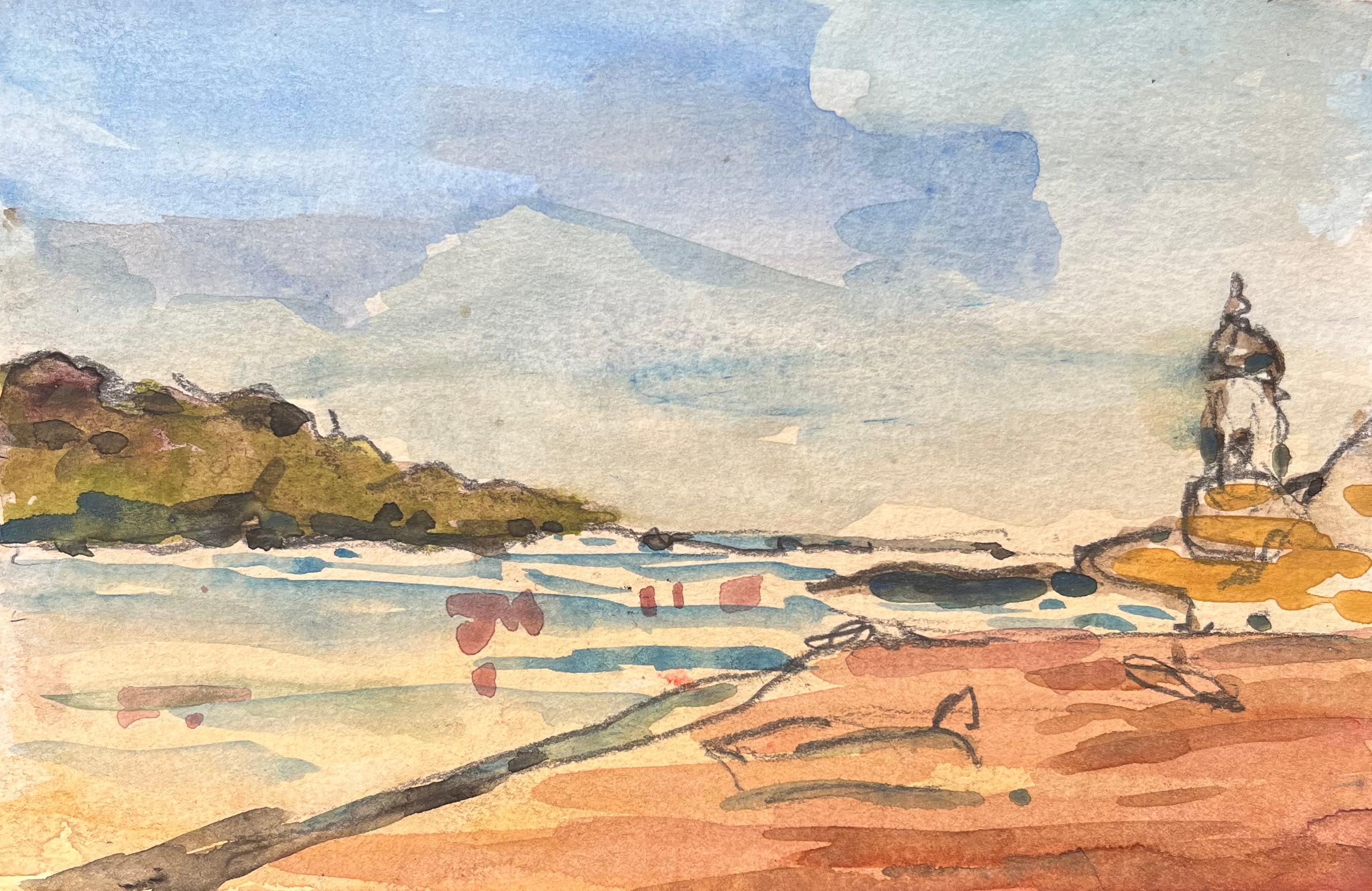 Aquarelle impressionniste française d'une scène côtière avec phare
