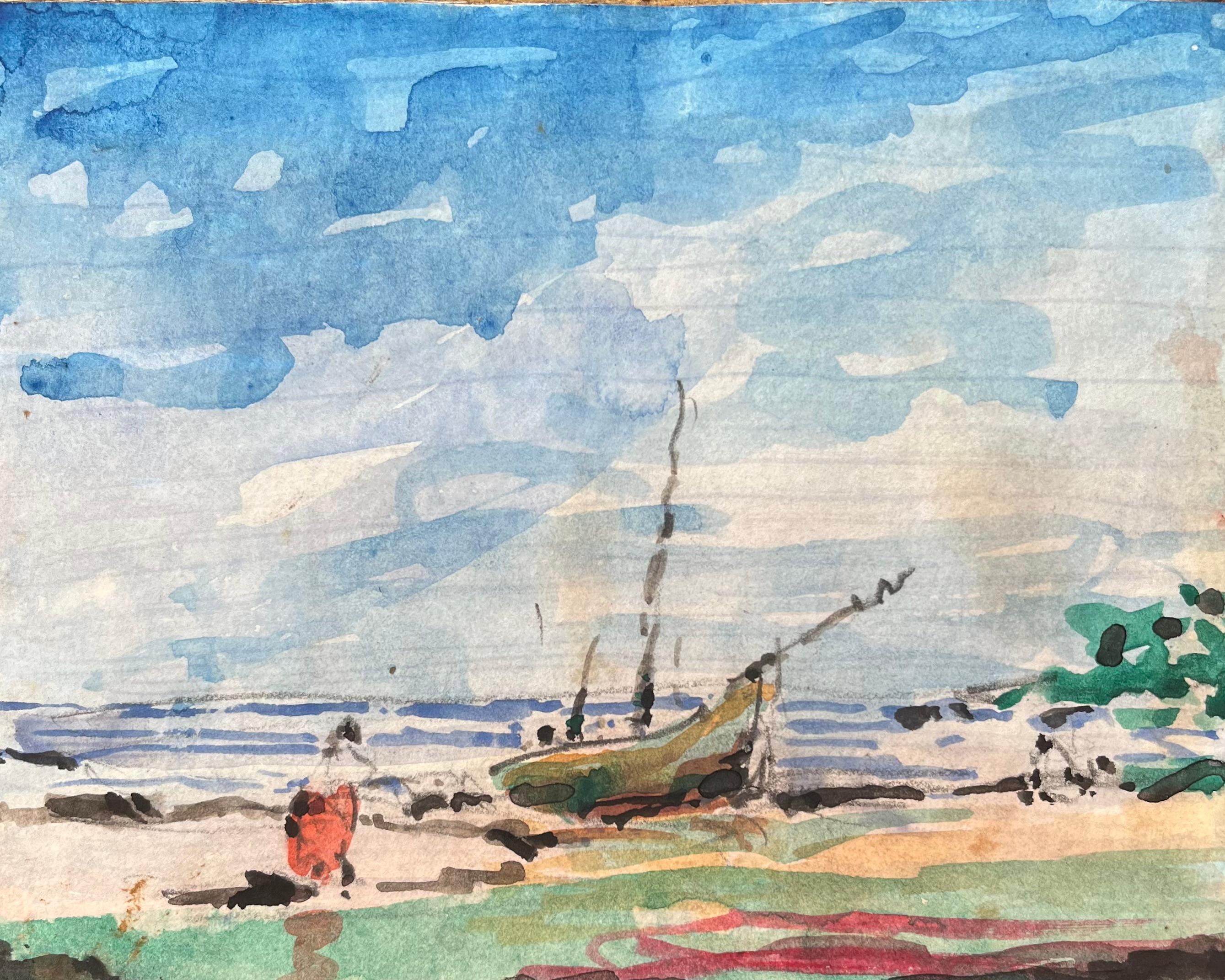 Landscape Art Maurice Mazeilie - Aquarelle impressionniste française d'une scène de plage avec un bateau isolé