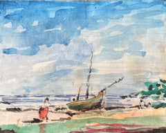 French Impressionist Watercolor of Beach Scene with Lone Boat