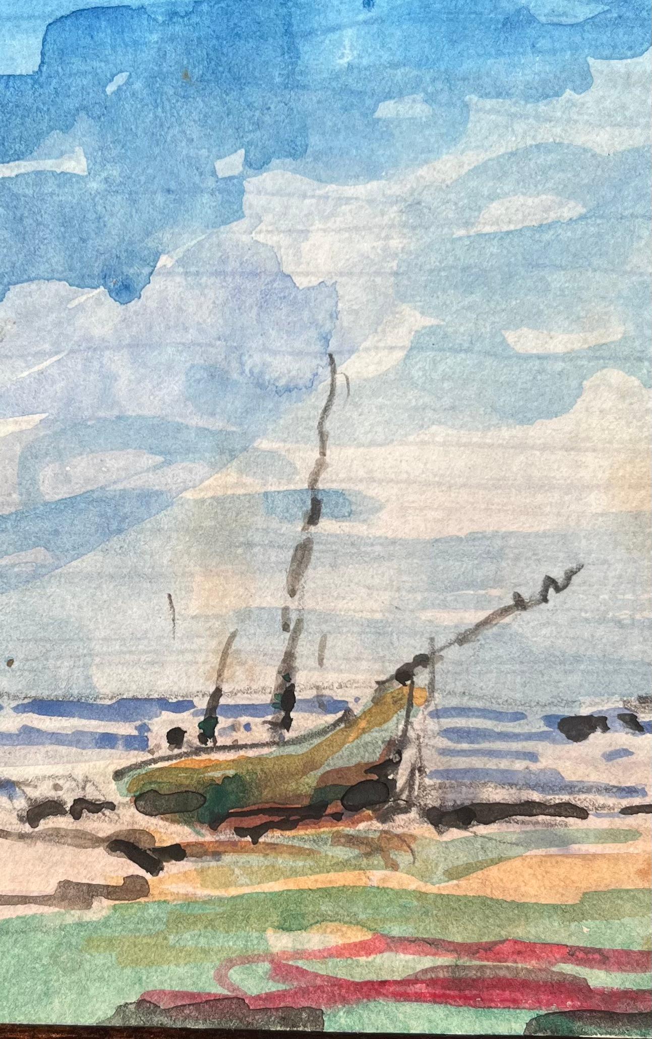 Aquarelle impressionniste française d'une scène de plage avec un bateau isolé - Gris Landscape Art par Maurice Mazeilie