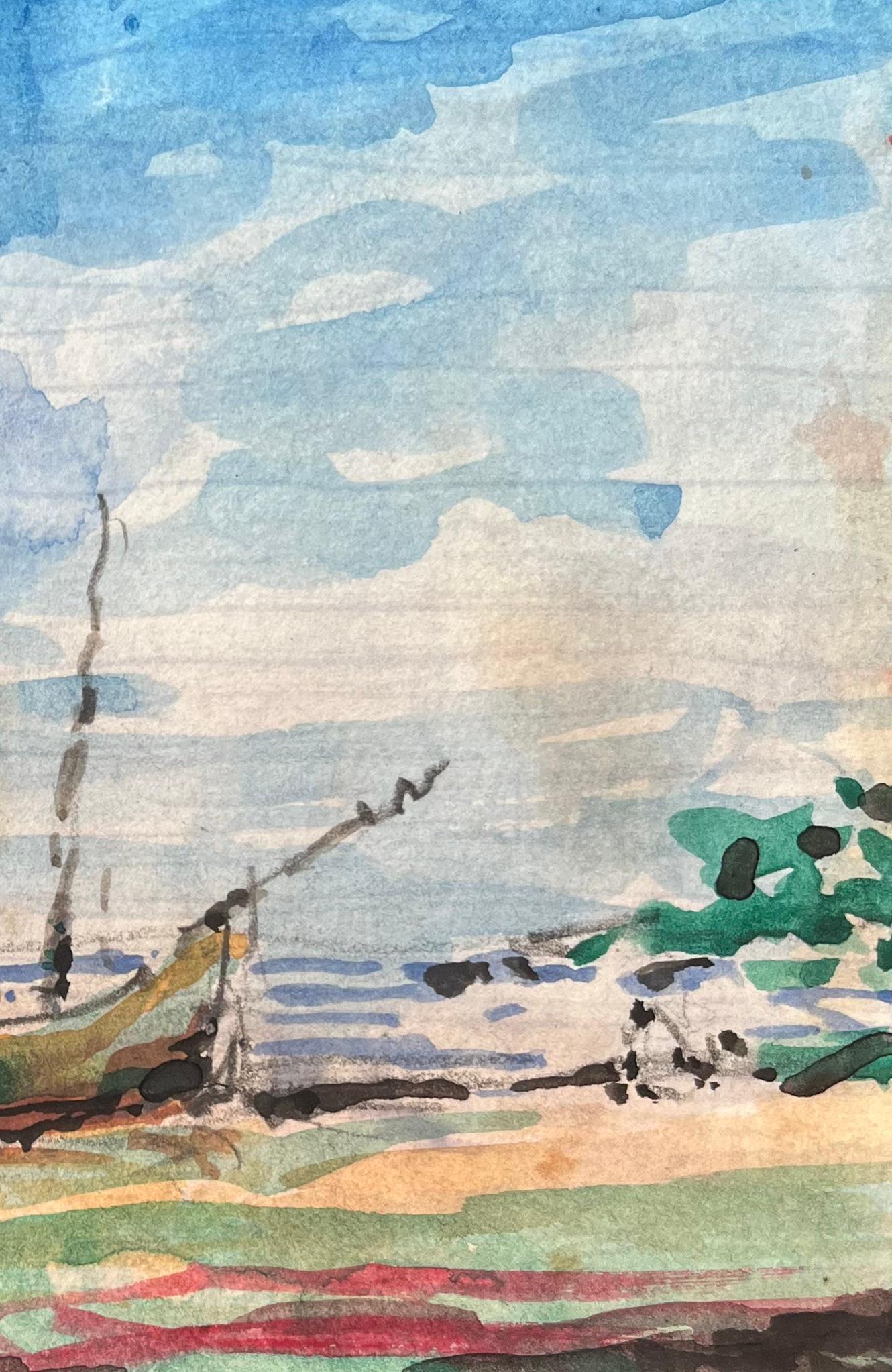 Aquarelle impressionniste française d'une scène de plage avec un bateau isolé - Impressionnisme Art par Maurice Mazeilie